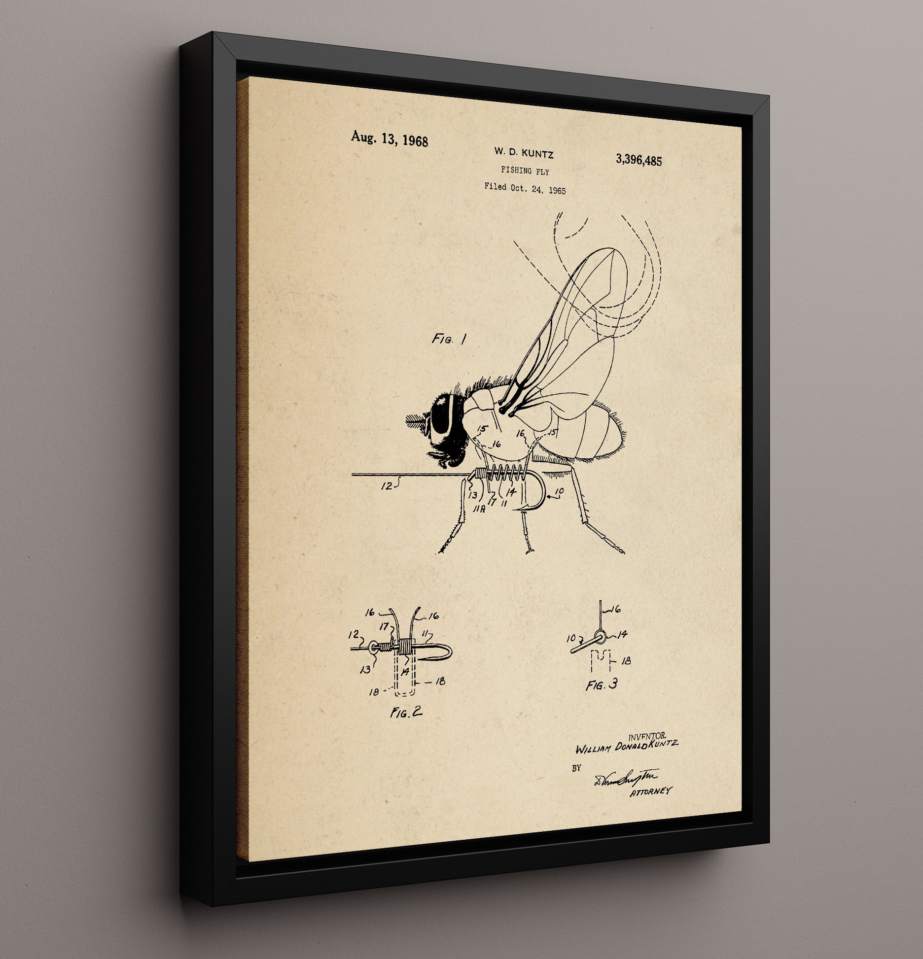 Patent Print - Fishing Fly - William Donald Kuntz - 1968 - Patent 3396485 Patent Wall Art