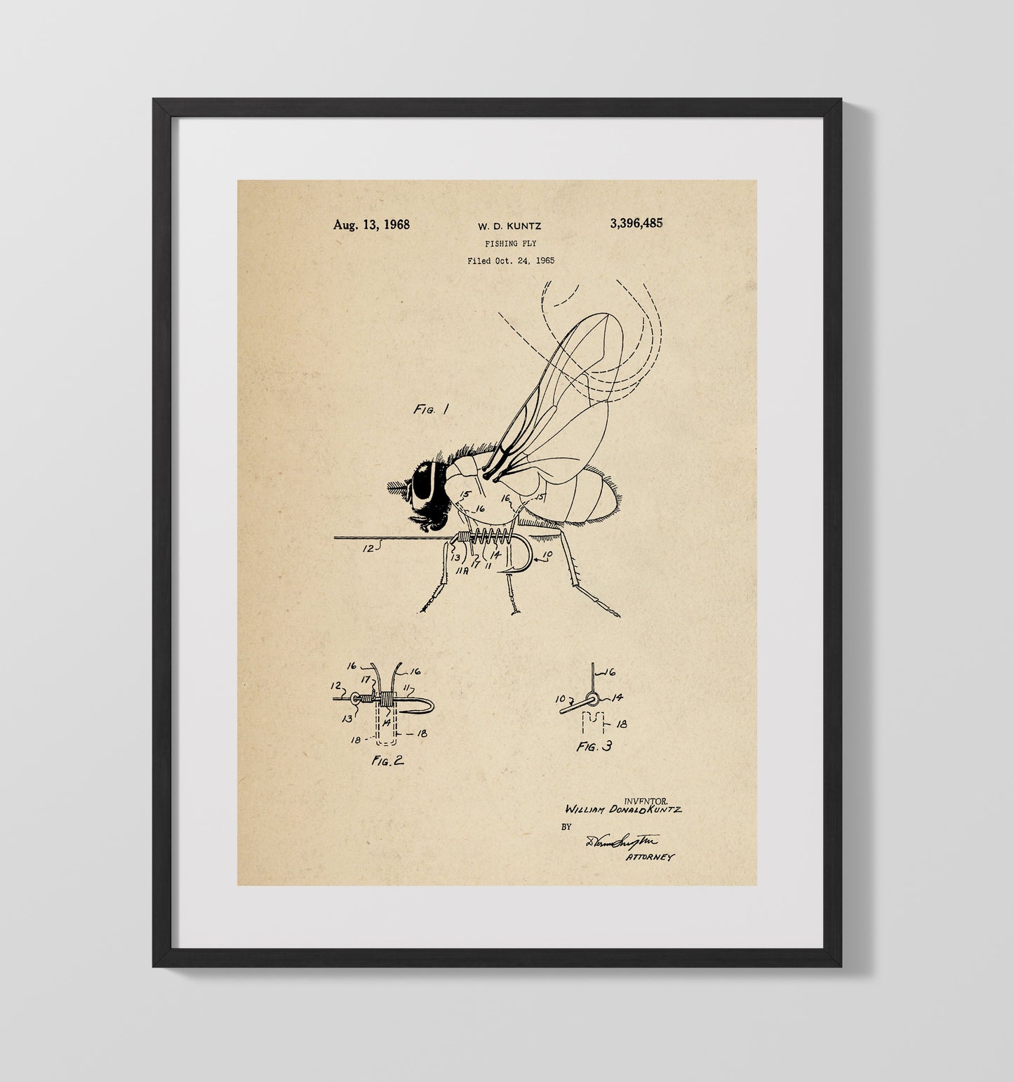 Patent Print - Fishing Fly - William Donald Kuntz - 1968 - Patent 3396485 Patent Wall Art