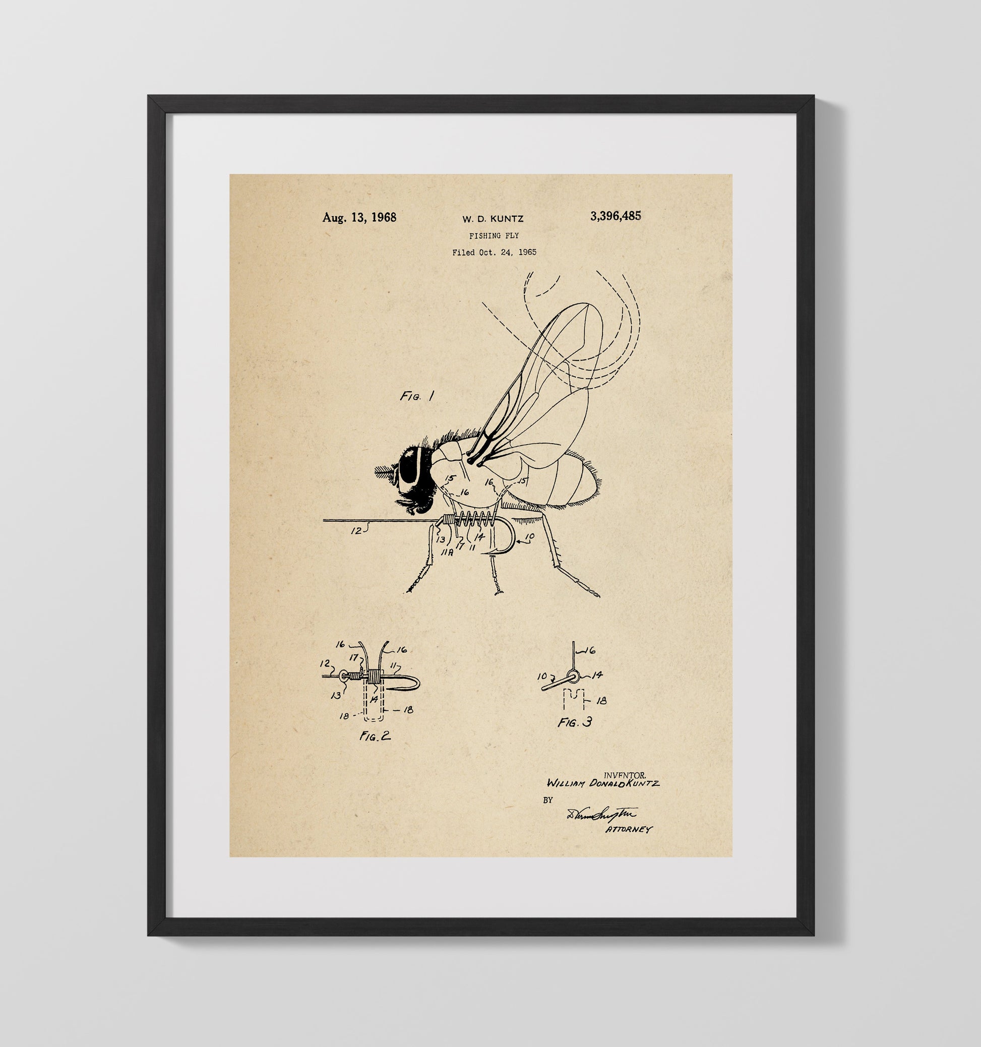 Patent Print - Fishing Fly - William Donald Kuntz - 1968 - Patent 3396485 Patent Wall Art