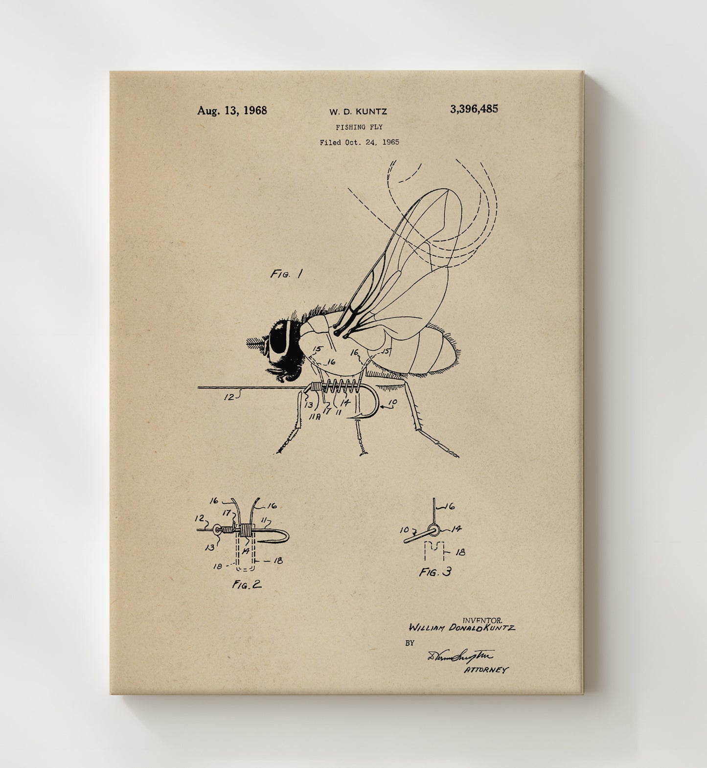 Patent Print - Fishing Fly - William Donald Kuntz - 1968 - Patent 3396485 Patent Wall Art
