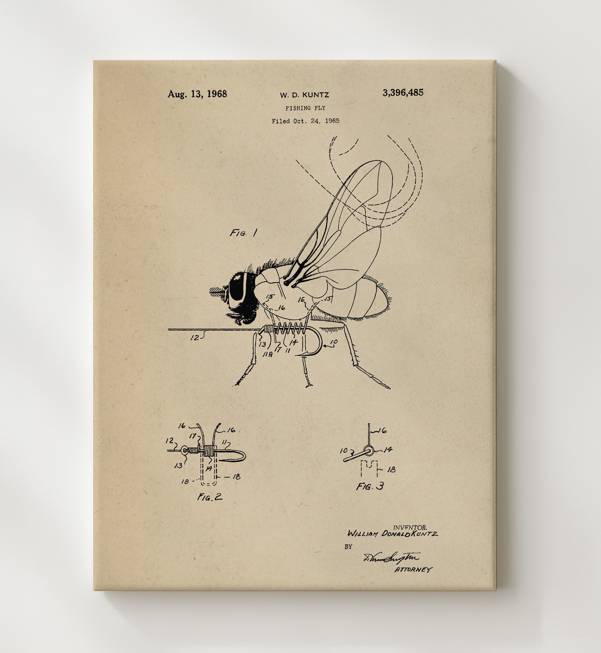 Patent Print - Fishing Fly - William Donald Kuntz - 1968 - Patent 3396485 Patent Wall Art
