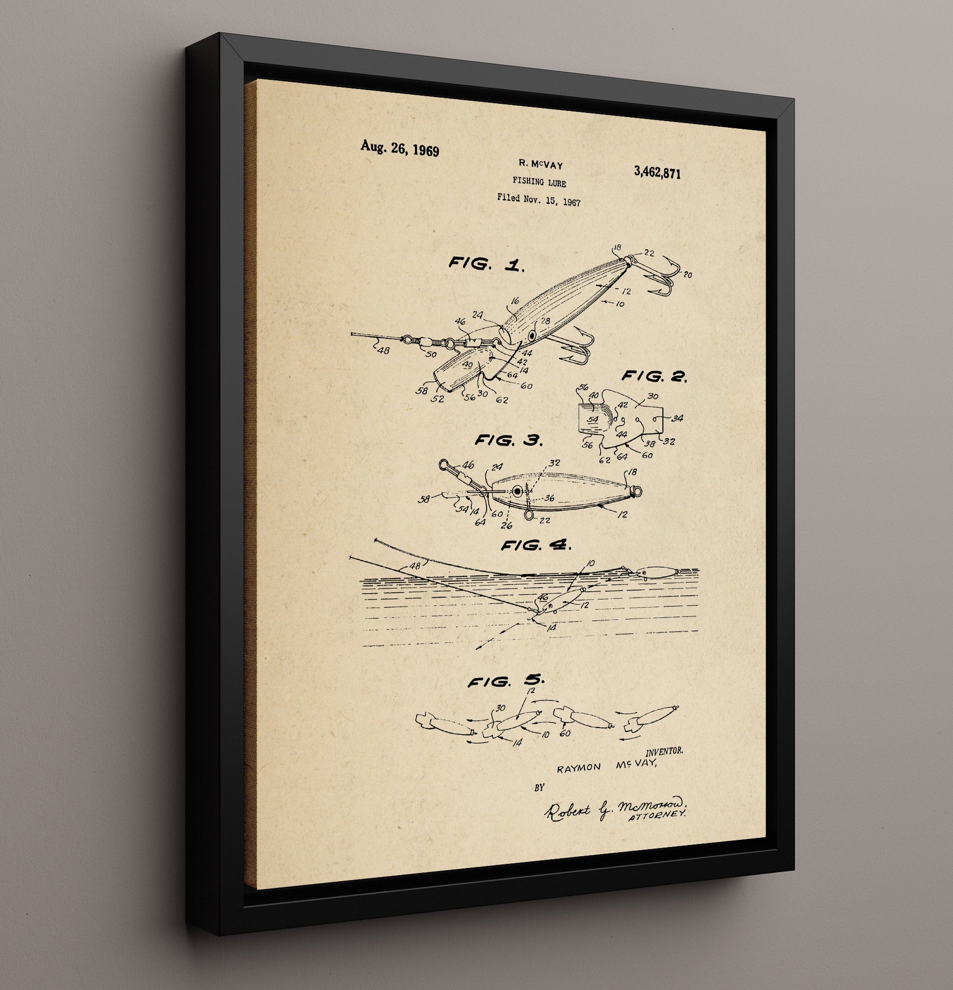 Patent Print - Fishing Lure - Raymon Mcvay - 1969 - Patent 3462871 Patent Wall Art