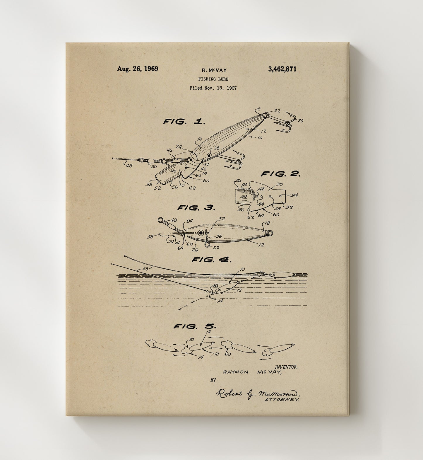 Patent Print - Fishing Lure - Raymon Mcvay - 1969 - Patent 3462871 Patent Wall Art