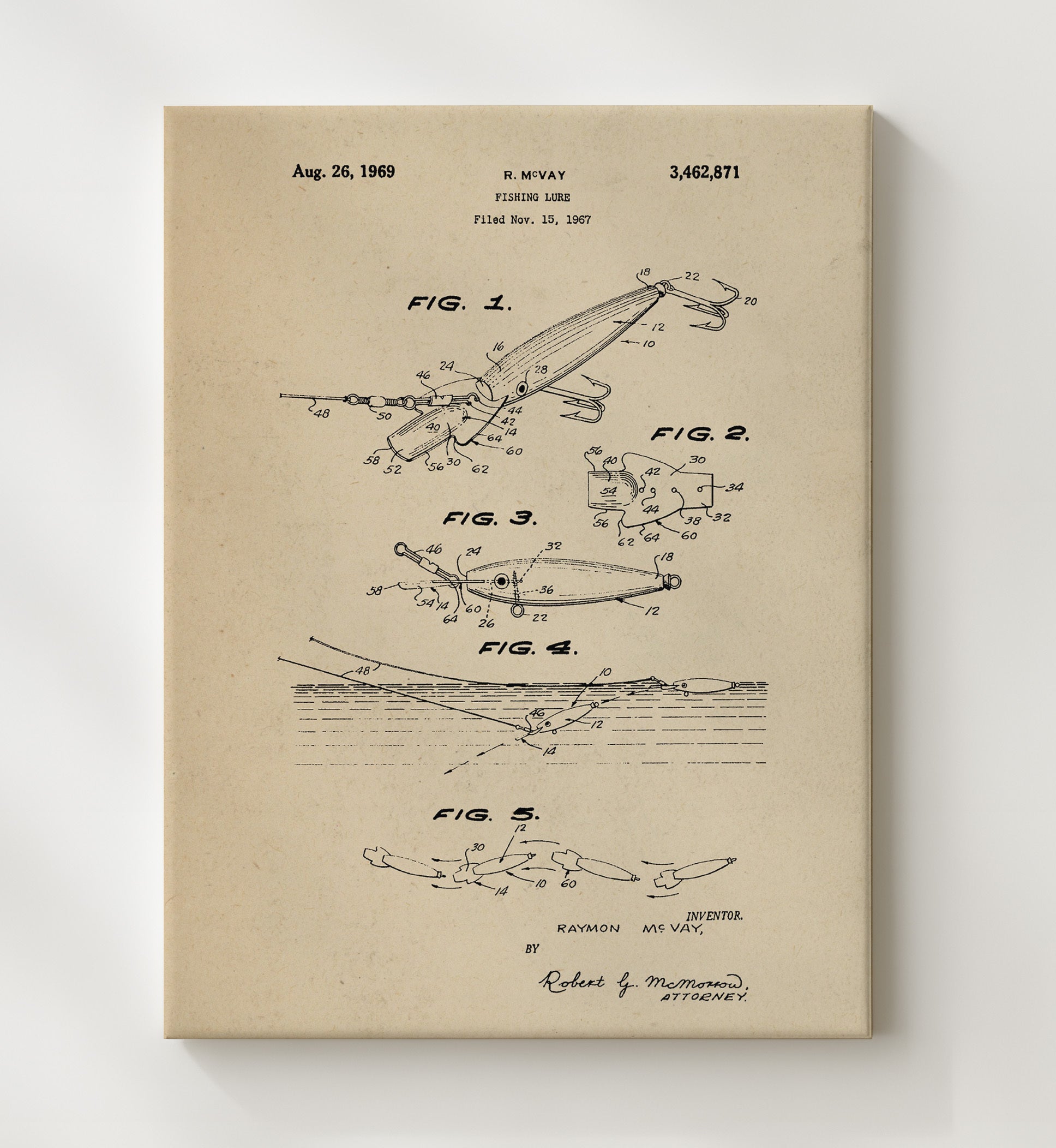Patent Print - Fishing Lure - Raymon Mcvay - 1969 - Patent 3462871 Patent Wall Art