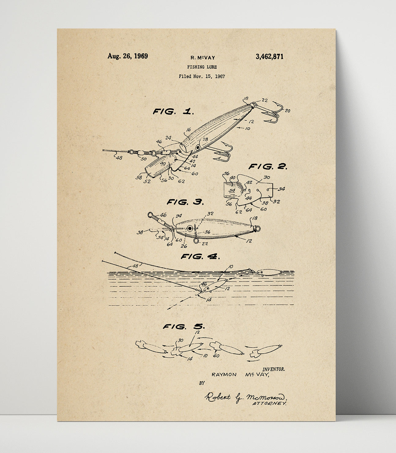 Patent Print - Fishing Lure - Raymon Mcvay - 1969 - Patent 3462871 Patent Wall Art