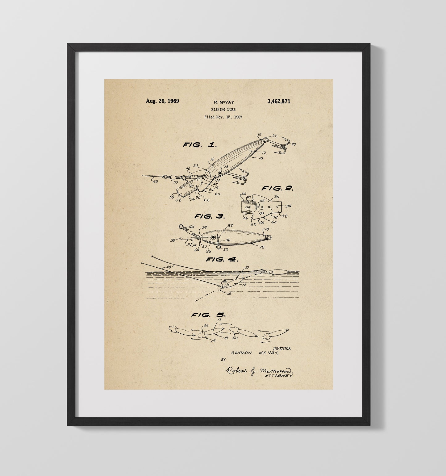 Patent Print - Fishing Lure - Raymon Mcvay - 1969 - Patent 3462871 Patent Wall Art