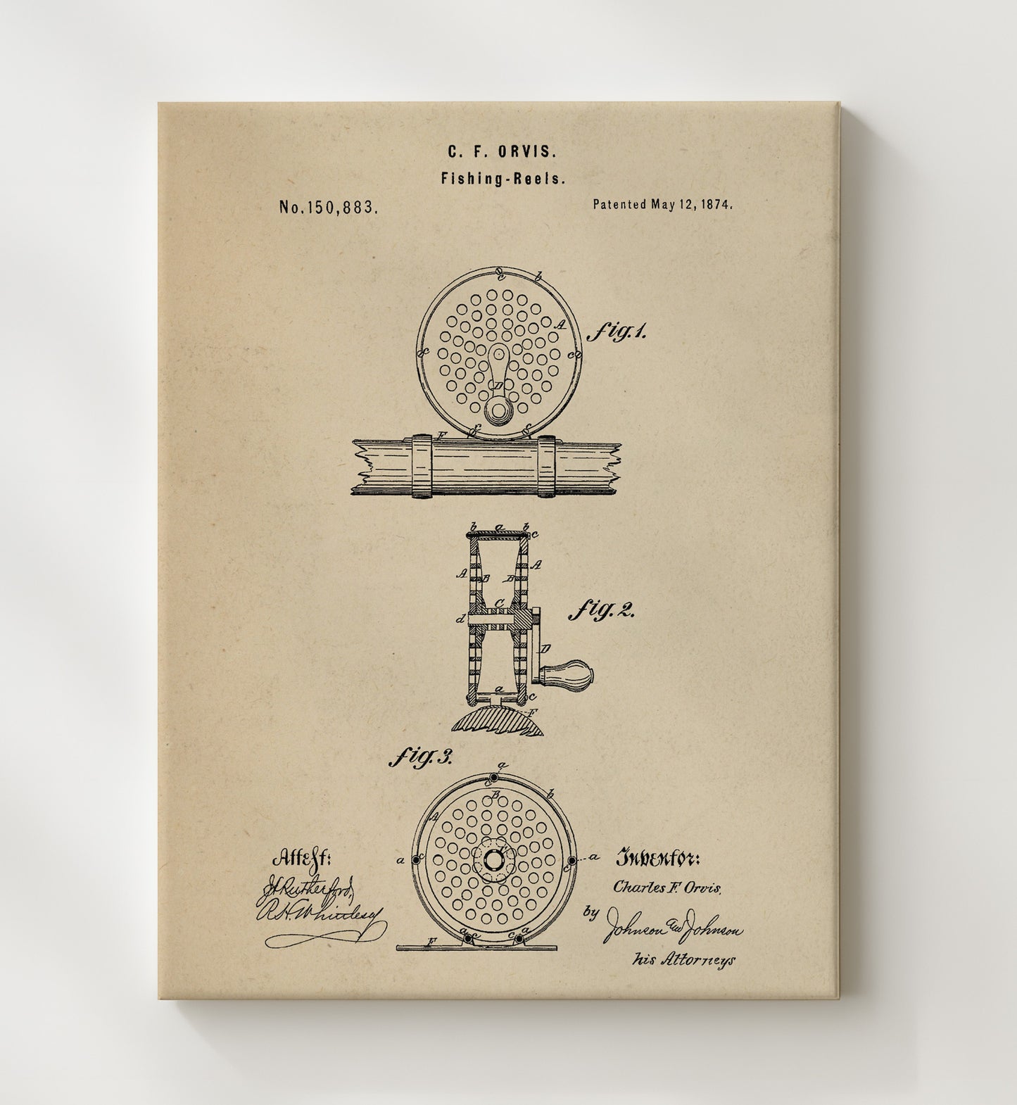 Patent Print - Fishing Reel - Charles F. Orvis - 1874 - Patent 150883 Patent Wall Art