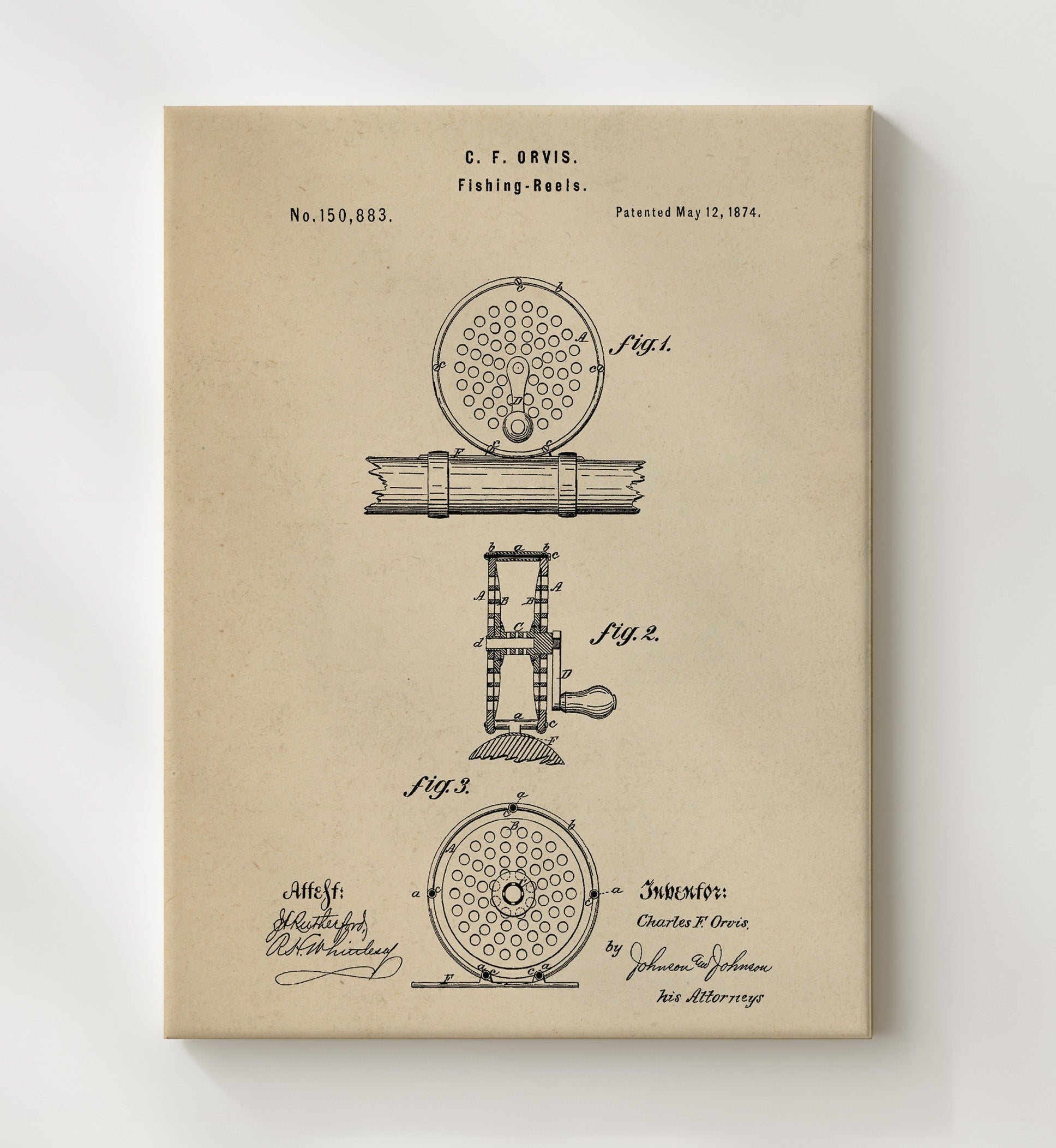 Patent Print - Fishing Reel - Charles F. Orvis - 1874 - Patent 150883 Patent Wall Art