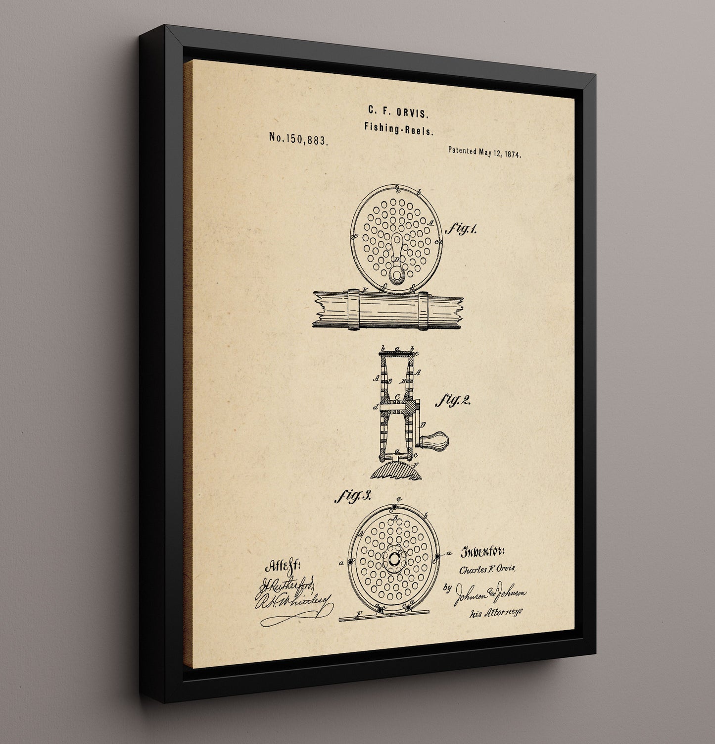 Patent Print - Fishing Reel - Charles F. Orvis - 1874 - Patent 150883 Patent Wall Art