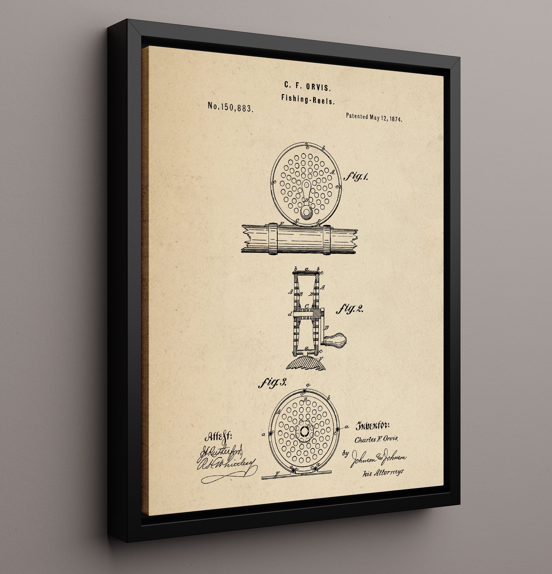 Patent Print - Fishing Reel - Charles F. Orvis - 1874 - Patent 150883 Patent Wall Art