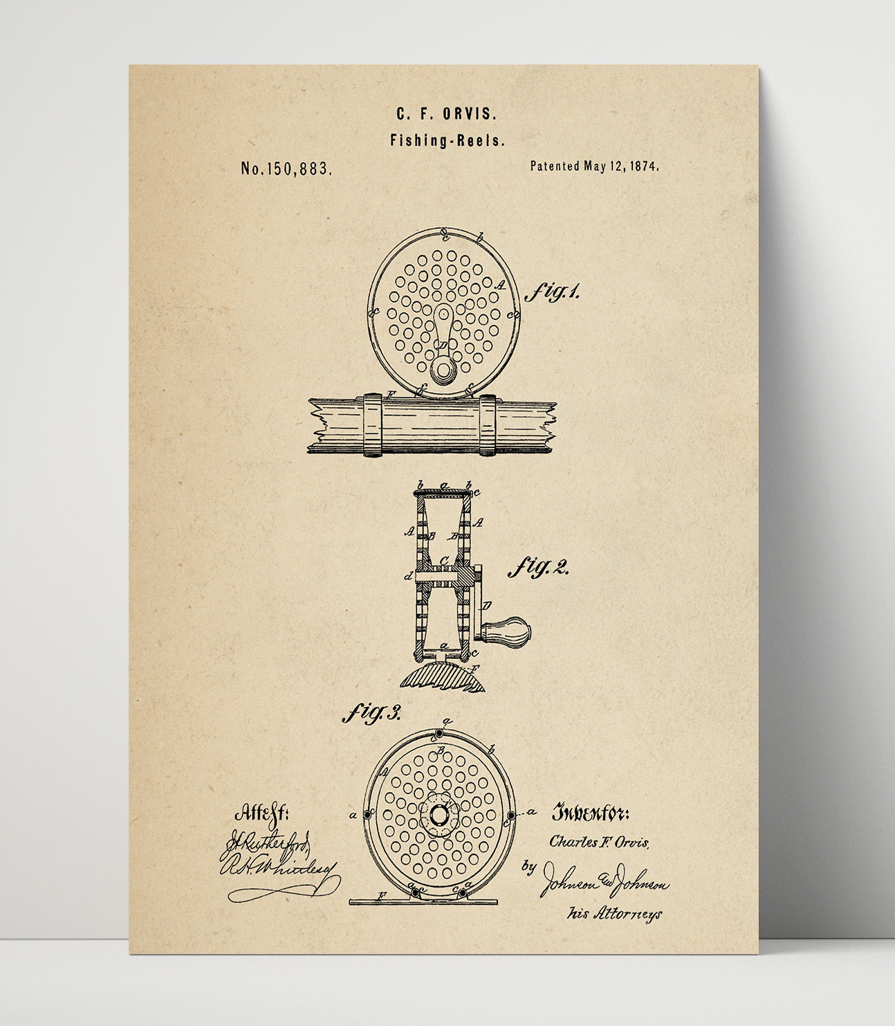 Patent Print - Fishing Reel - Charles F. Orvis - 1874 - Patent 150883 Patent Wall Art