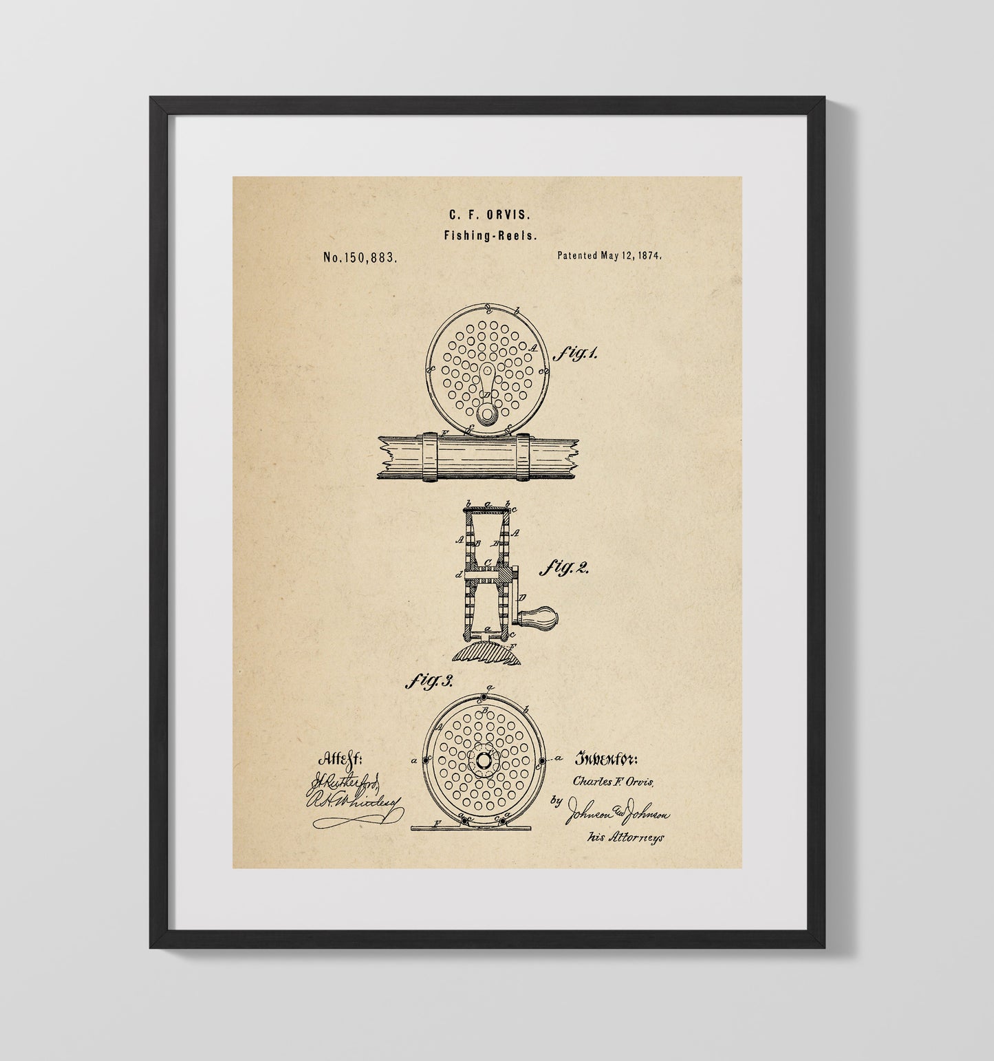 Patent Print - Fishing Reel - Charles F. Orvis - 1874 - Patent 150883 Patent Wall Art