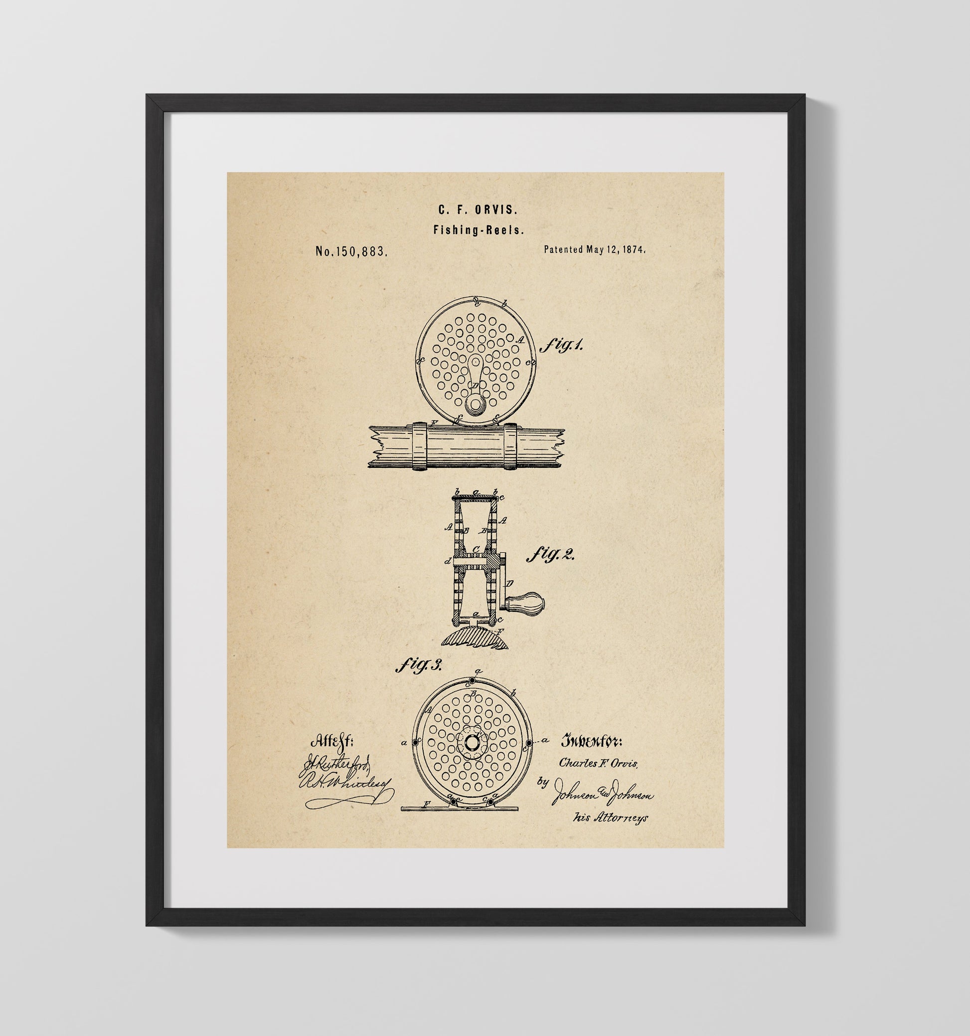 Patent Print - Fishing Reel - Charles F. Orvis - 1874 - Patent 150883 Patent Wall Art