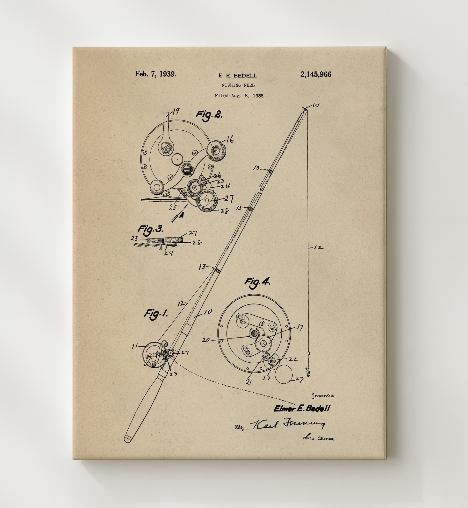 Patent Print - Fishing Reel - Elmer E. Bedell - 1939 - Patent 2145966 Patent Wall Art