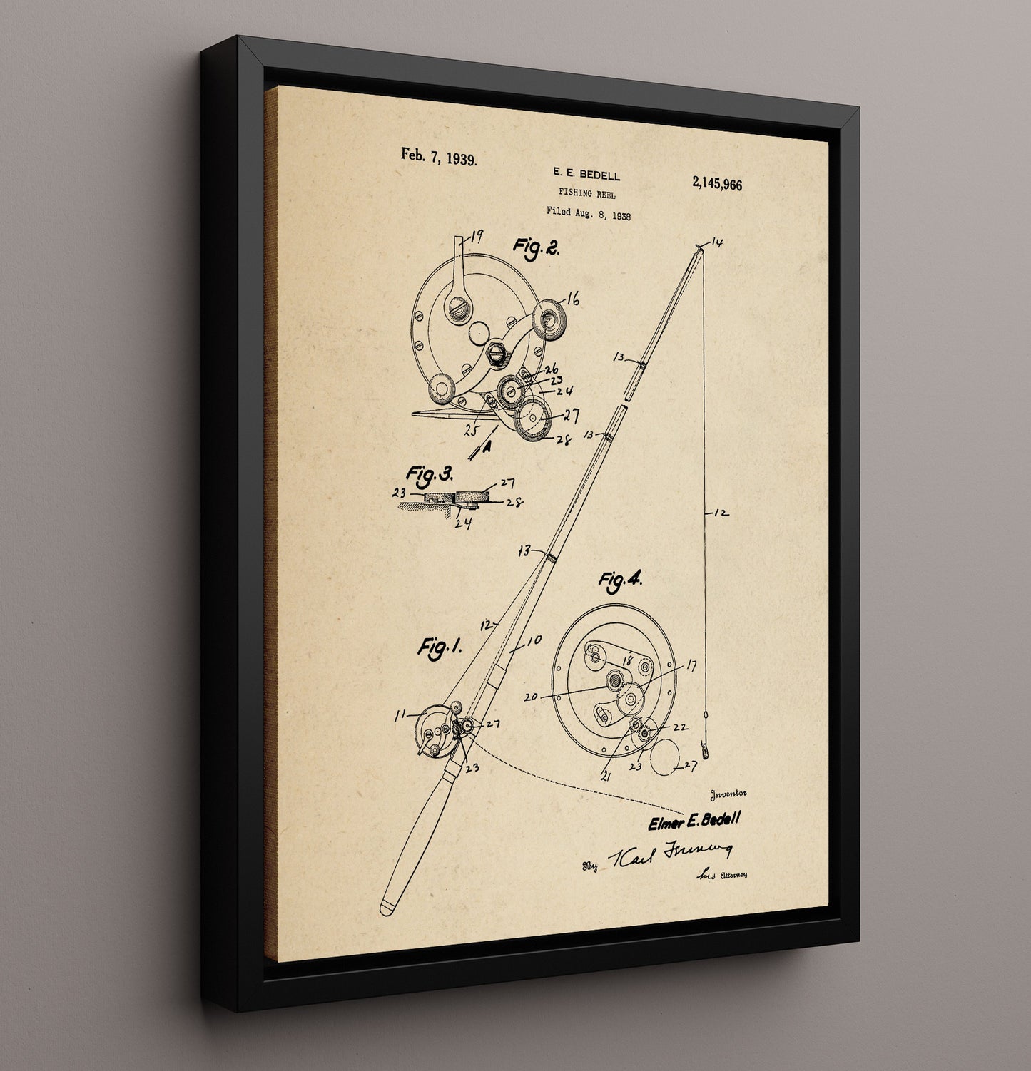 Patent Print - Fishing Reel - Elmer E. Bedell - 1939 - Patent 2145966 Patent Wall Art