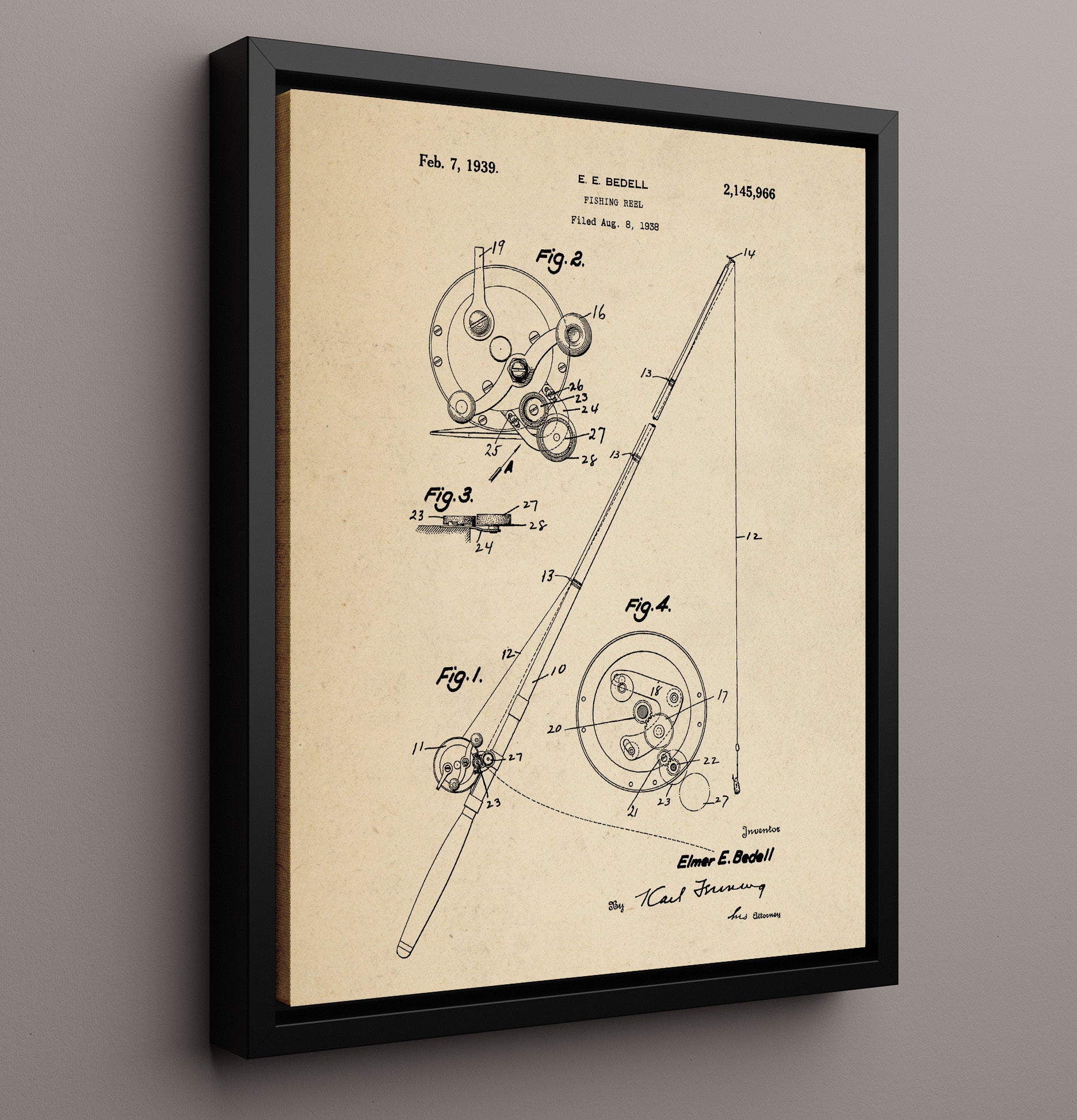 Patent Print - Fishing Reel - Elmer E. Bedell - 1939 - Patent 2145966 Patent Wall Art