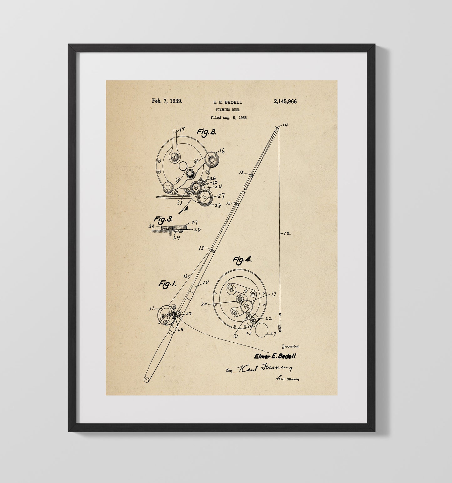 Patent Print - Fishing Reel - Elmer E. Bedell - 1939 - Patent 2145966 Patent Wall Art