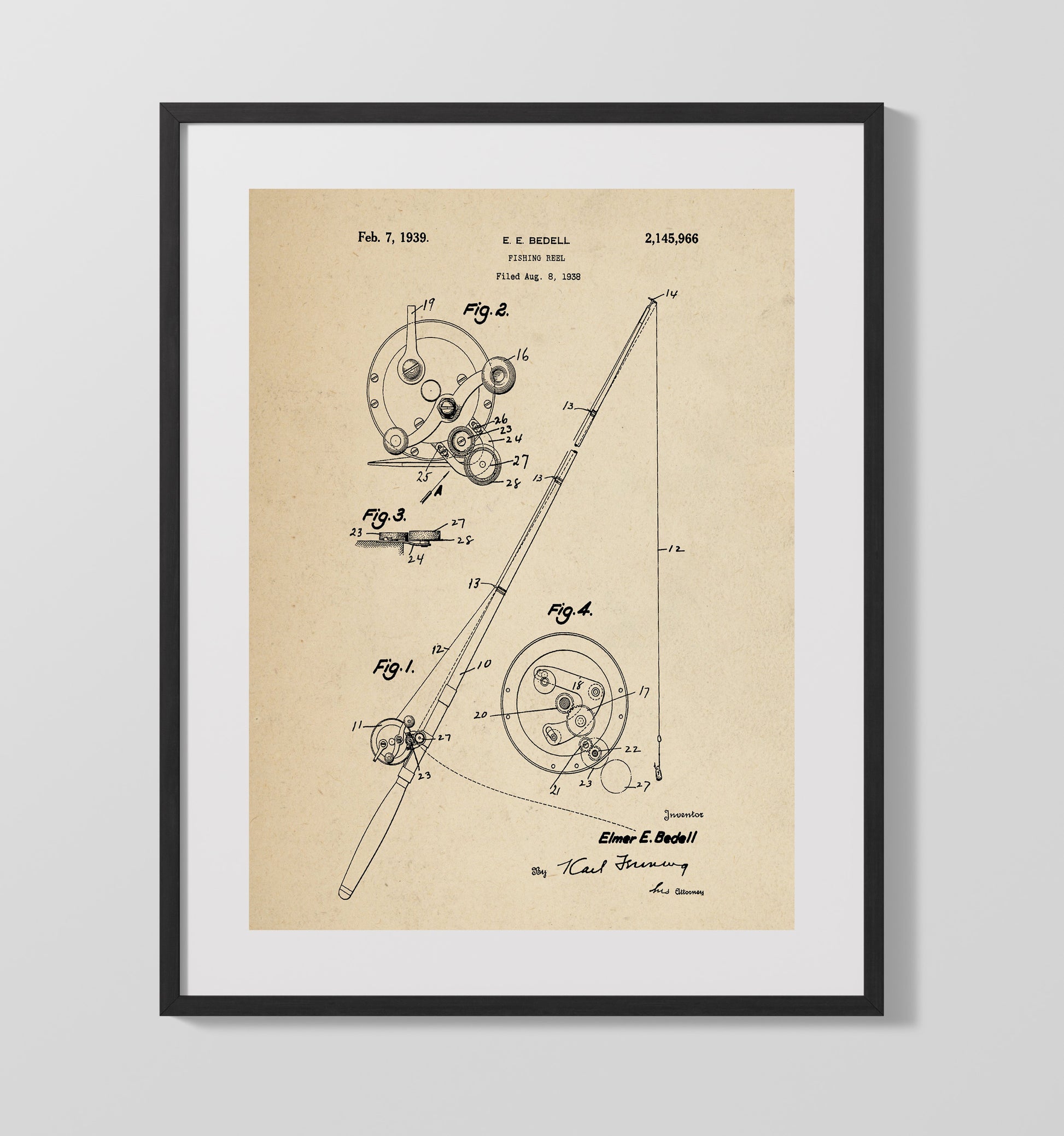 Patent Print - Fishing Reel - Elmer E. Bedell - 1939 - Patent 2145966 Patent Wall Art