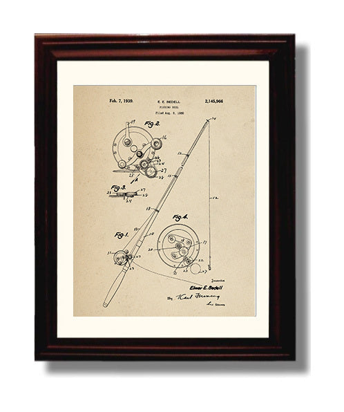 Patent Print - Fishing Reel - Elmer E. Bedell - 1939 - Patent 2145966 Patent Wall Art