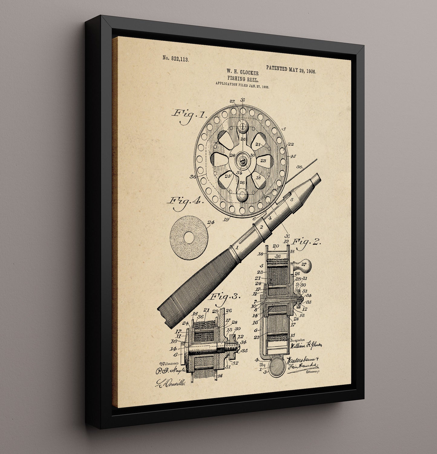 Patent Print - Fishing Reel - W. H. Glocker - 1906 - Patent 822113 Patent Wall Art