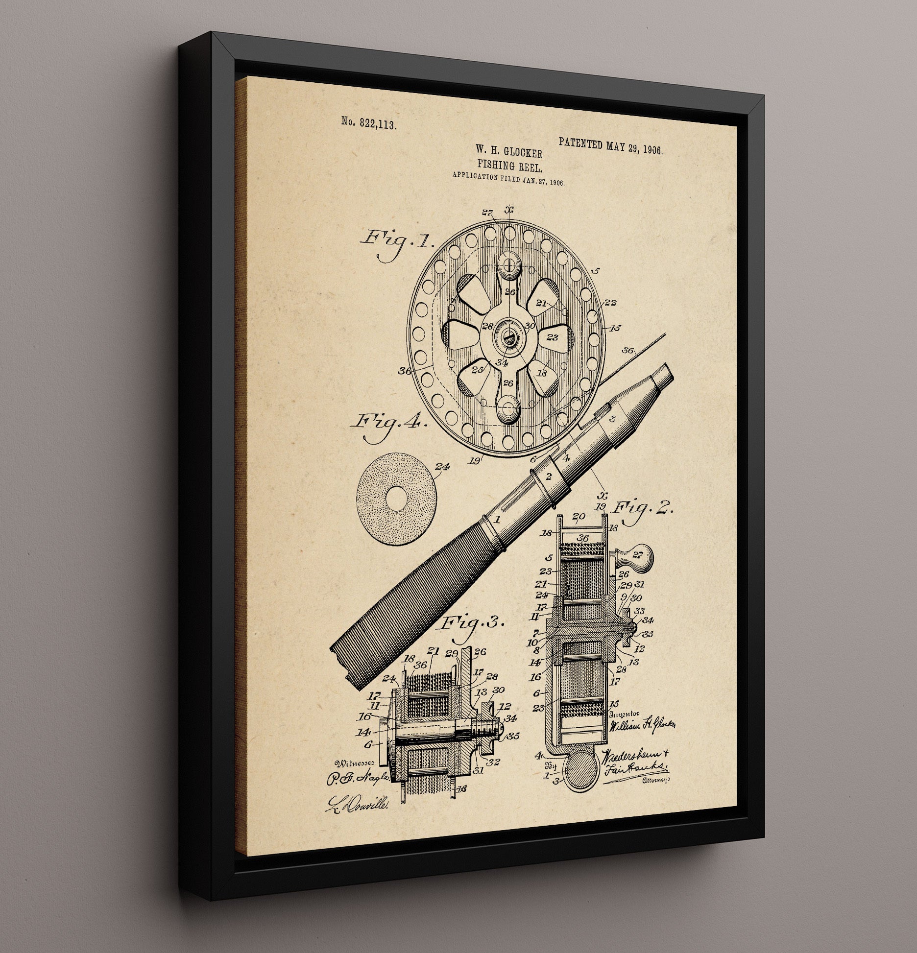 Patent Print - Fishing Reel - W. H. Glocker - 1906 - Patent 822113 Patent Wall Art