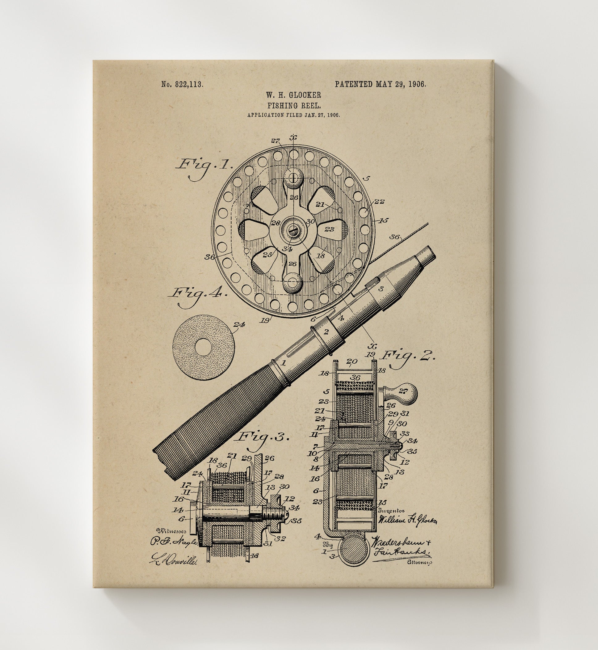 Patent Print - Fishing Reel - W. H. Glocker - 1906 - Patent 822113 Patent Wall Art