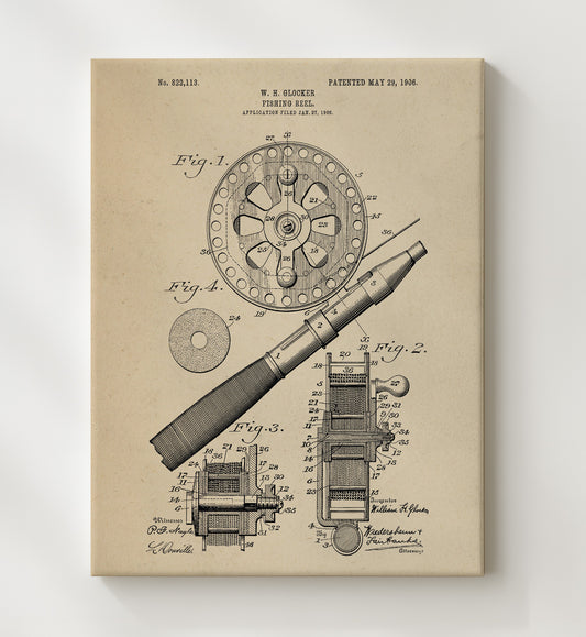 Fishing Reel 1906 patent print wall art 8x10 Canvas
