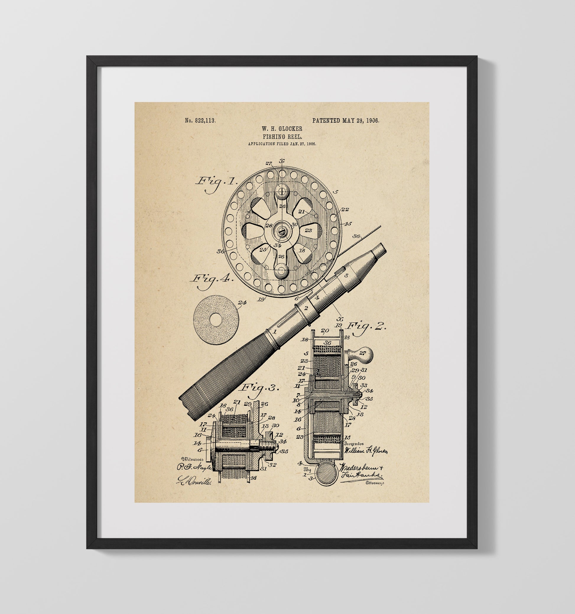 Patent Print - Fishing Reel - W. H. Glocker - 1906 - Patent 822113 Patent Wall Art