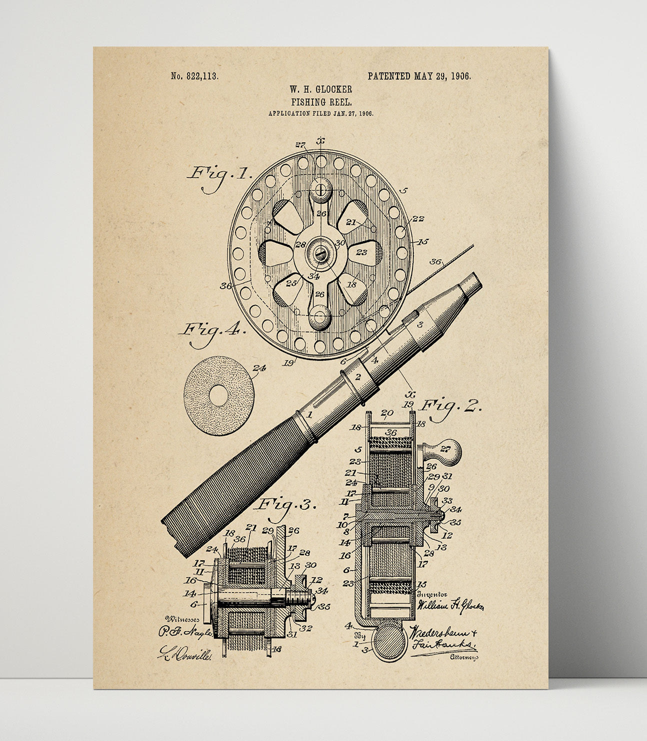 Patent Print - Fishing Reel - W. H. Glocker - 1906 - Patent 822113 Patent Wall Art