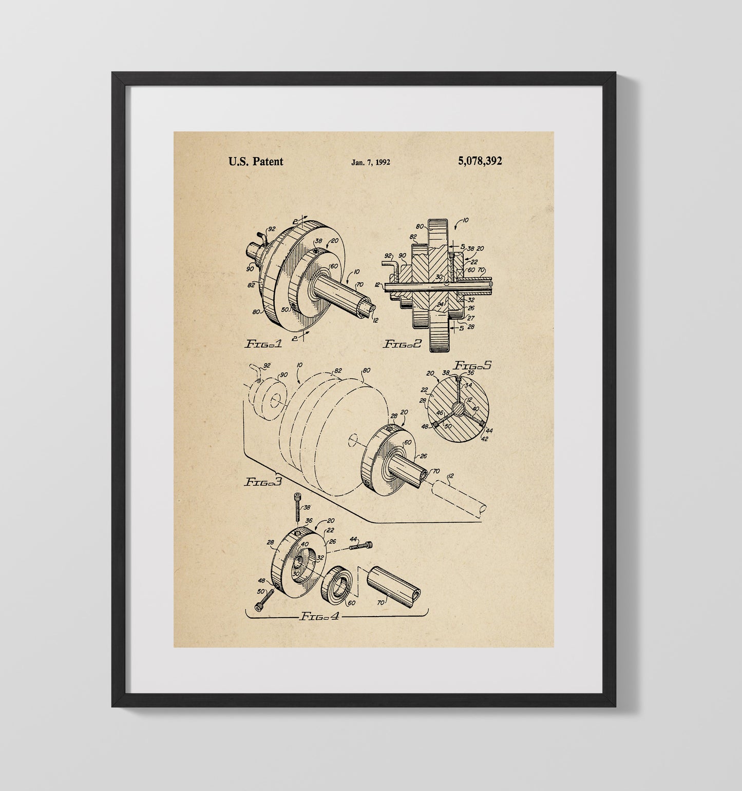 Patent Print - Fishing Reel Assembly - Unknown Inventor - 1992 - Patent 5078392 Patent Wall Art