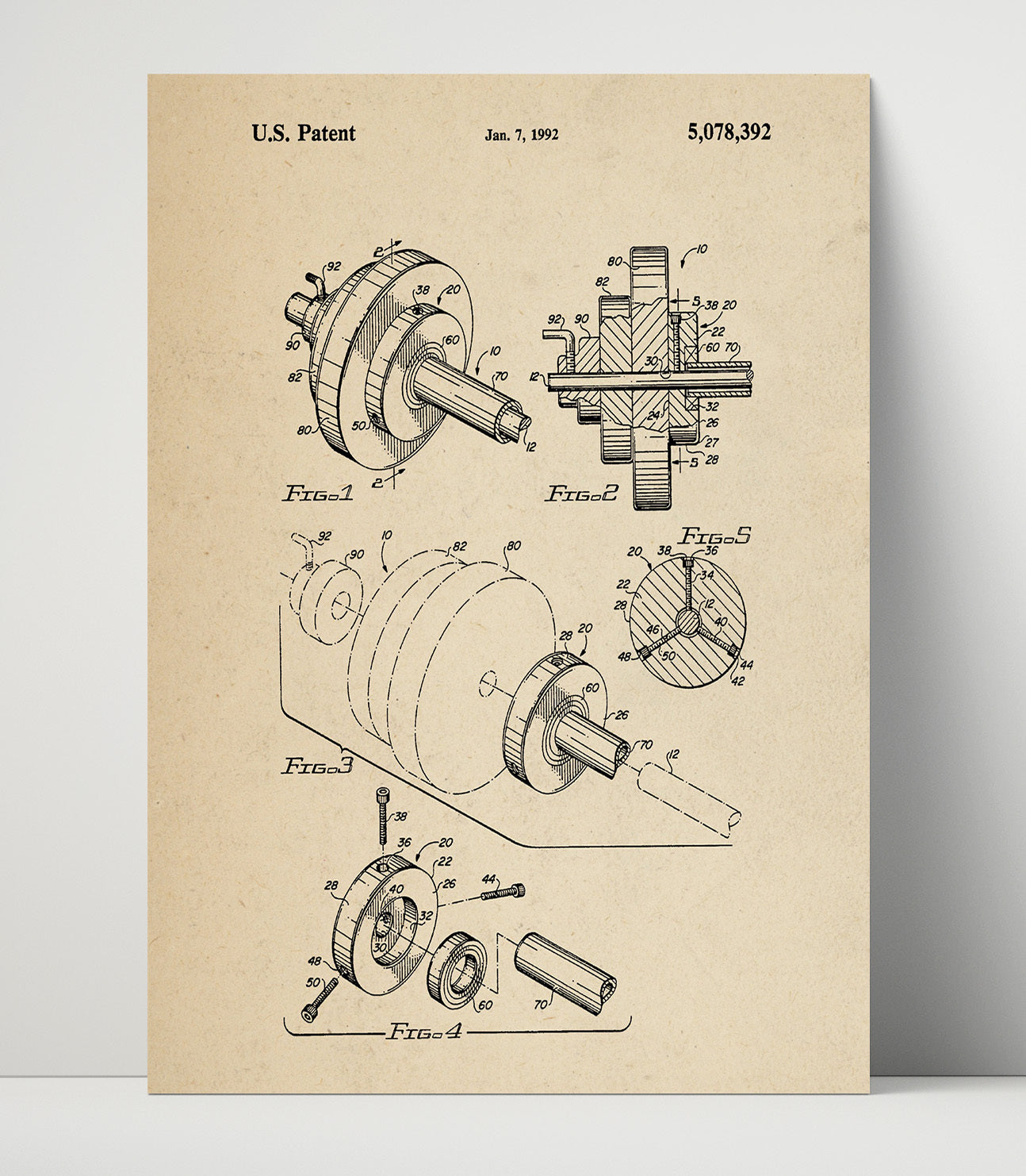 Patent Print - Fishing Reel Assembly - Unknown Inventor - 1992 - Patent 5078392 Patent Wall Art