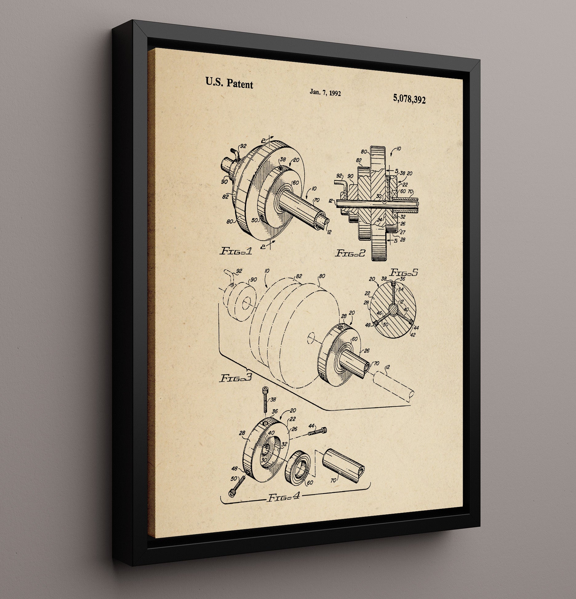 Patent Print - Fishing Reel Assembly - Unknown Inventor - 1992 - Patent 5078392 Patent Wall Art