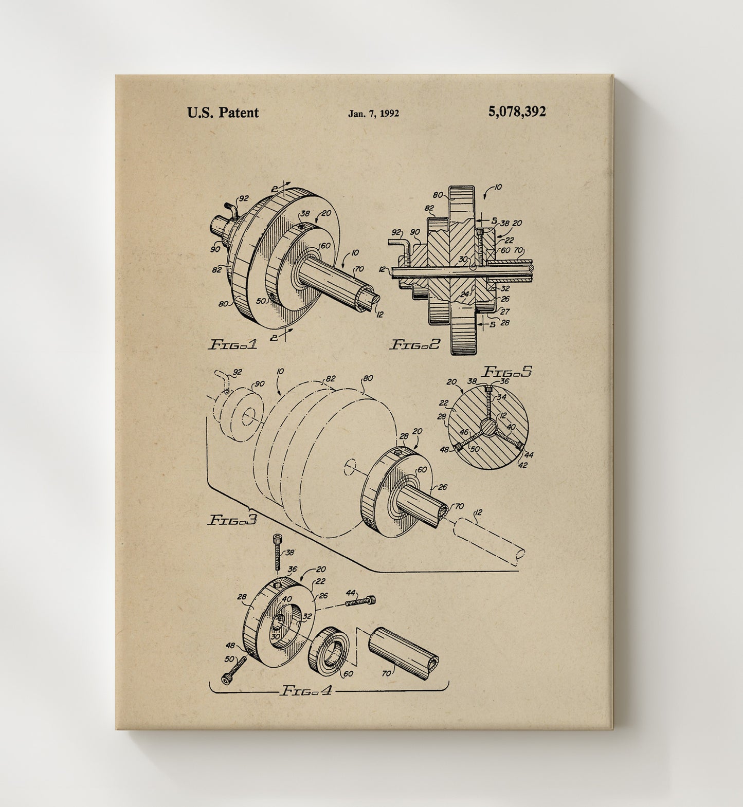 Patent Print - Fishing Reel Assembly - Unknown Inventor - 1992 - Patent 5078392 Patent Wall Art