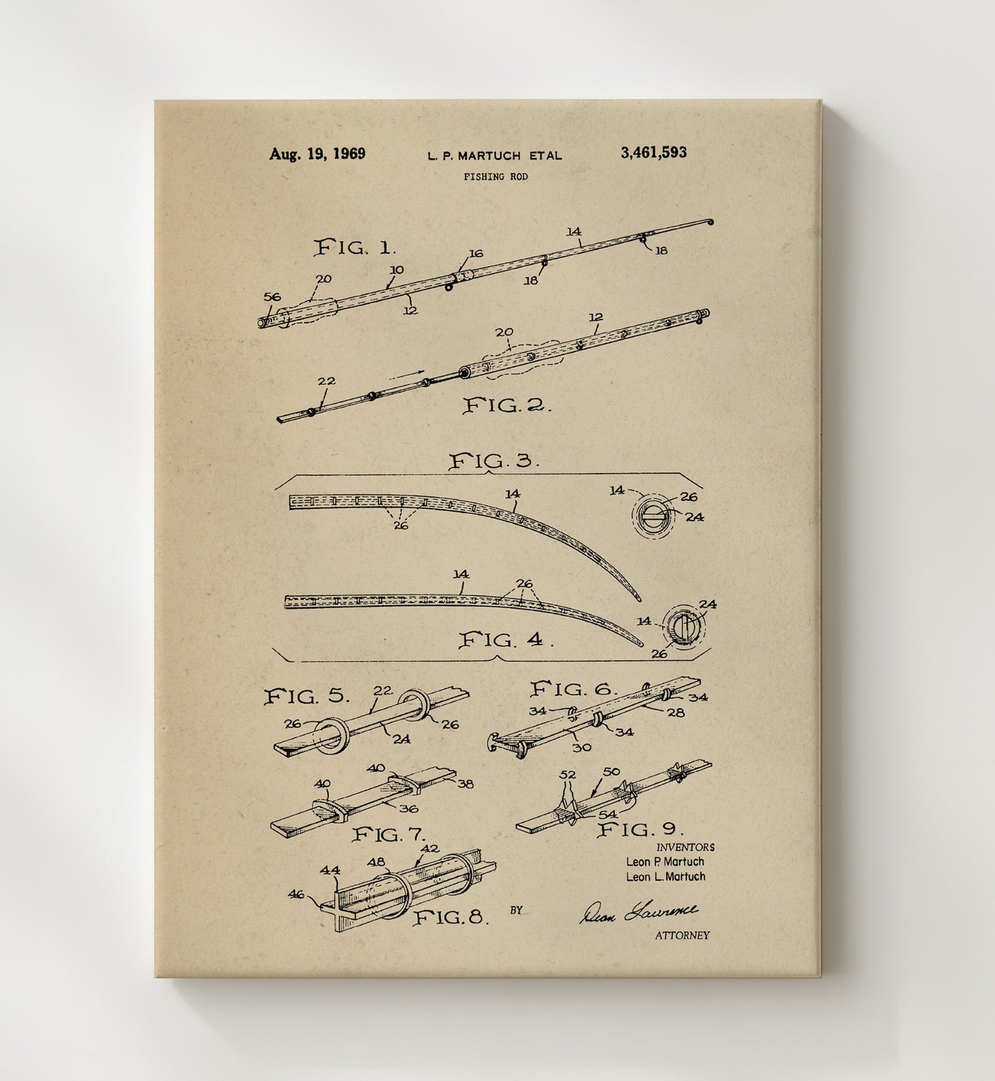 Patent Print - Fishing Rod - Leon P. Martuch And Leon L. Martuch - 1969 - Patent 3461593 Patent Wall Art