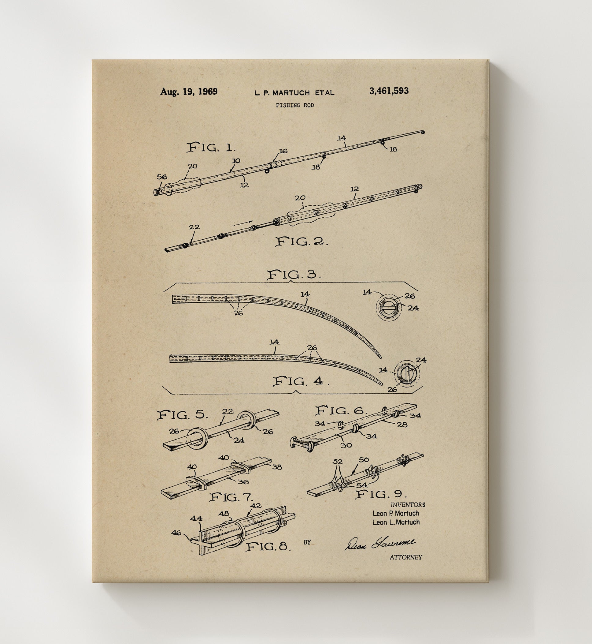 Patent Print - Fishing Rod - Leon P. Martuch And Leon L. Martuch - 1969 - Patent 3461593 Patent Wall Art