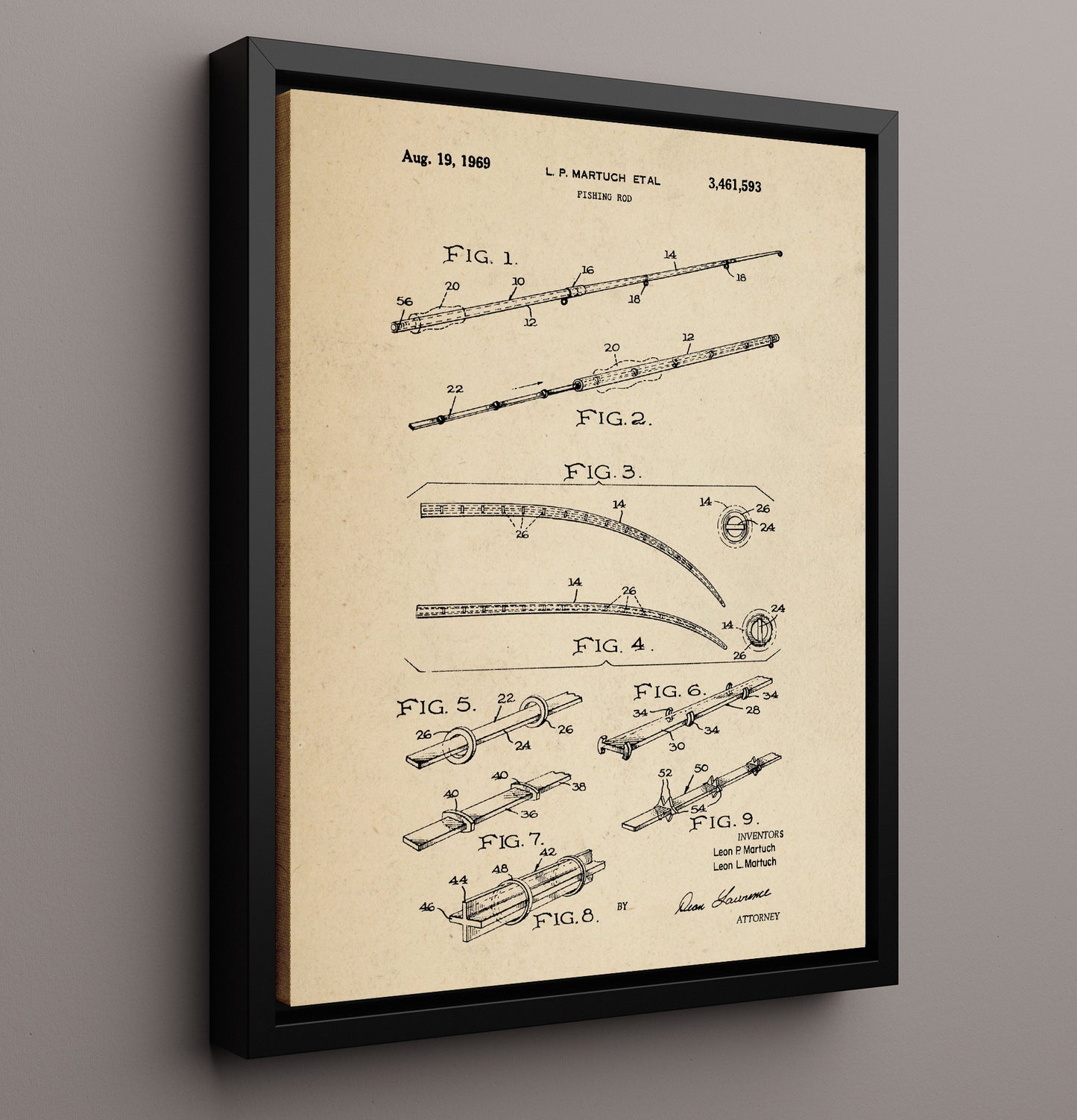 Patent Print - Fishing Rod - Leon P. Martuch And Leon L. Martuch - 1969 - Patent 3461593 Patent Wall Art