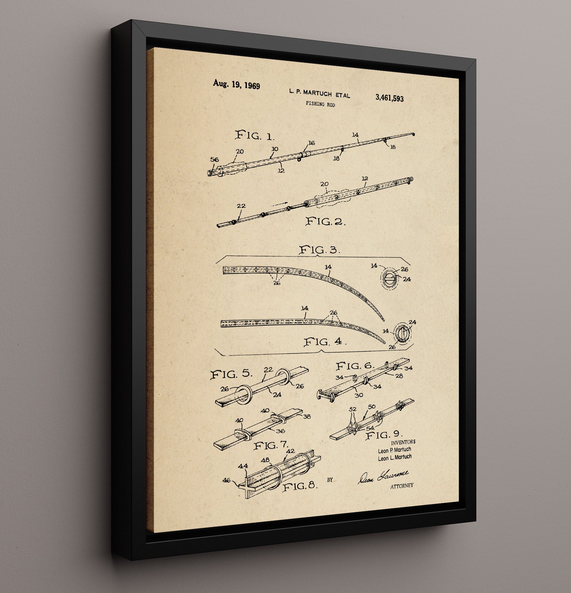 Patent Print - Fishing Rod - Leon P. Martuch And Leon L. Martuch - 1969 - Patent 3461593 Patent Wall Art
