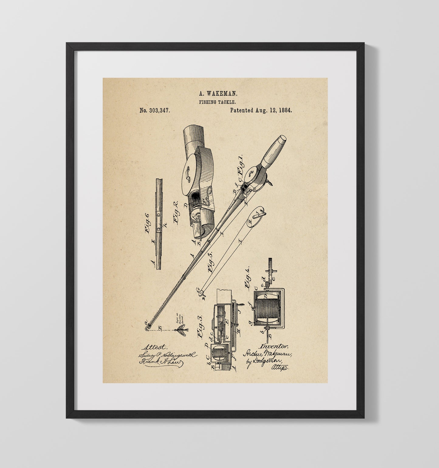 Patent Print - Fishing Tackle - A. Wakeman - 1884 - Patent 303347 Patent Wall Art