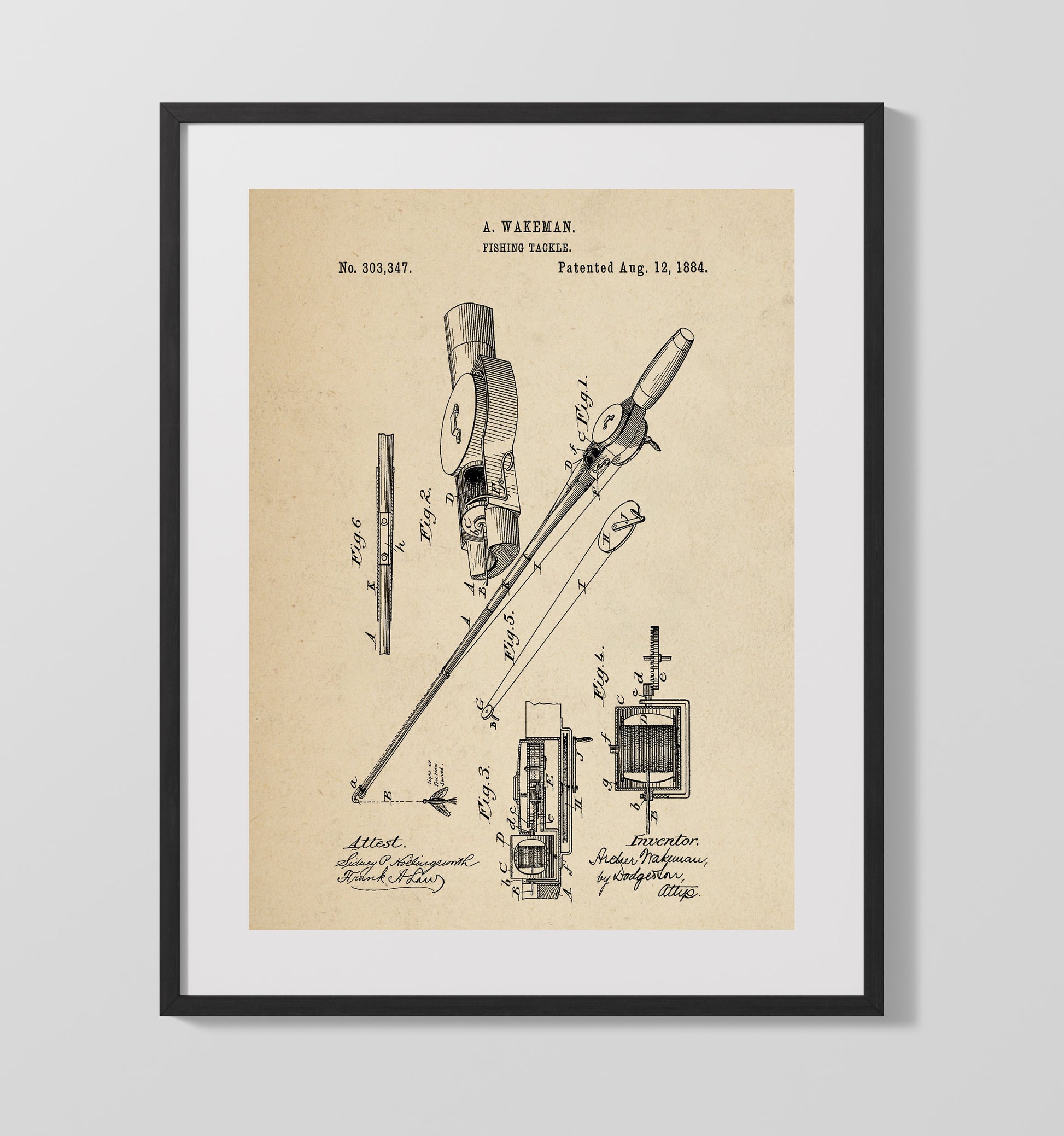 Patent Print - Fishing Tackle - A. Wakeman - 1884 - Patent 303347 Patent Wall Art