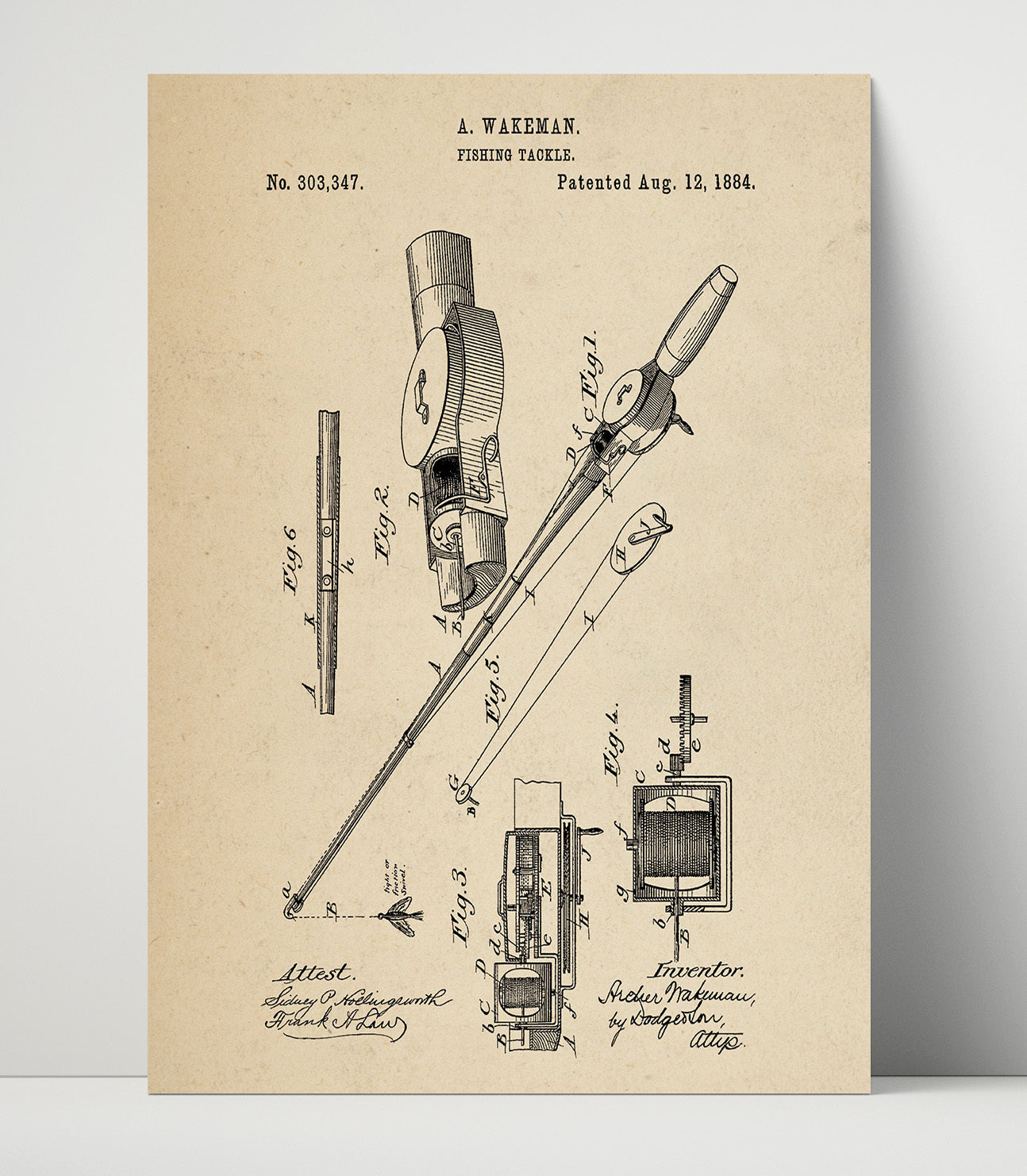 Patent Print - Fishing Tackle - A. Wakeman - 1884 - Patent 303347 Patent Wall Art