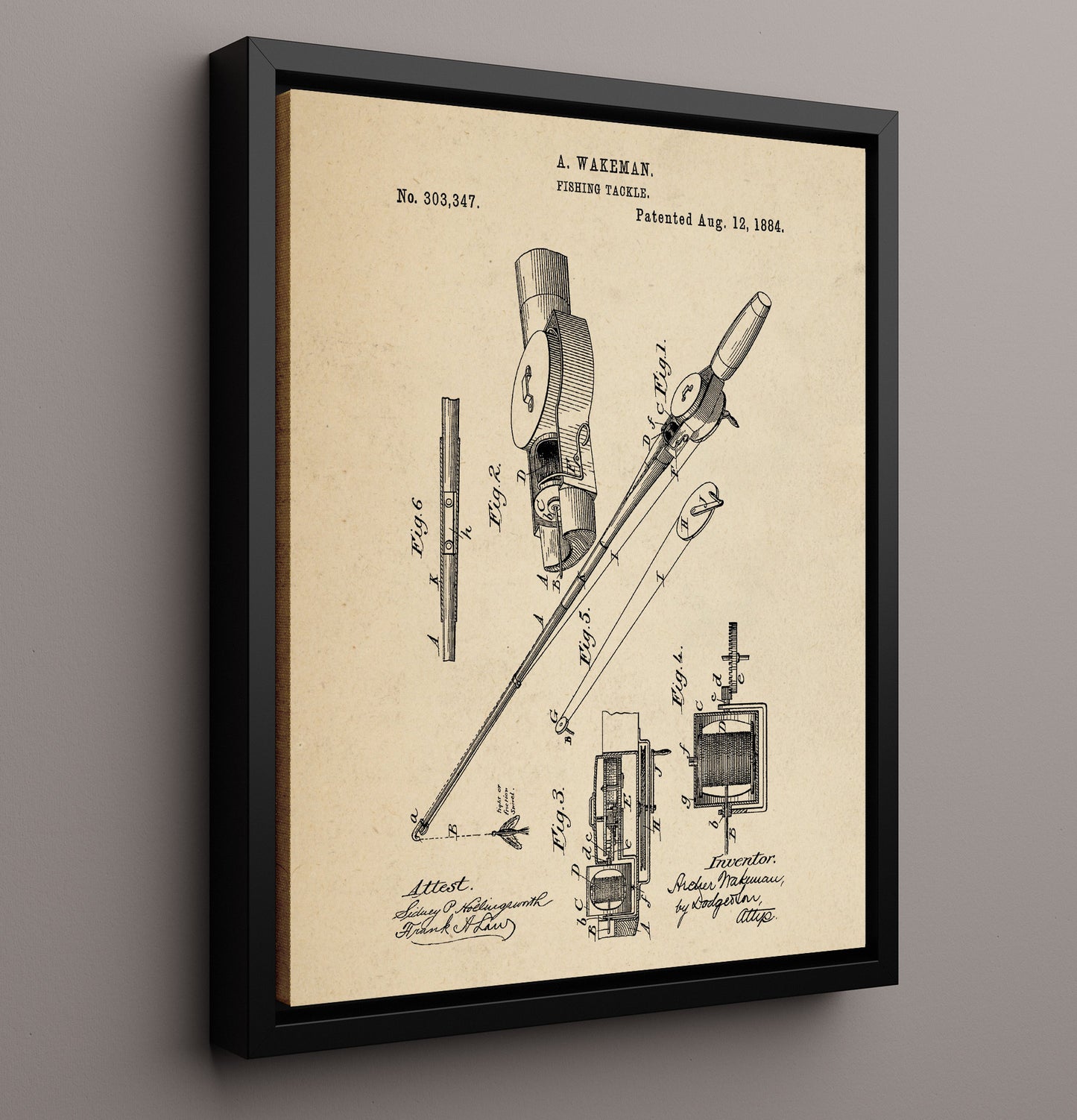 Patent Print - Fishing Tackle - A. Wakeman - 1884 - Patent 303347 Patent Wall Art