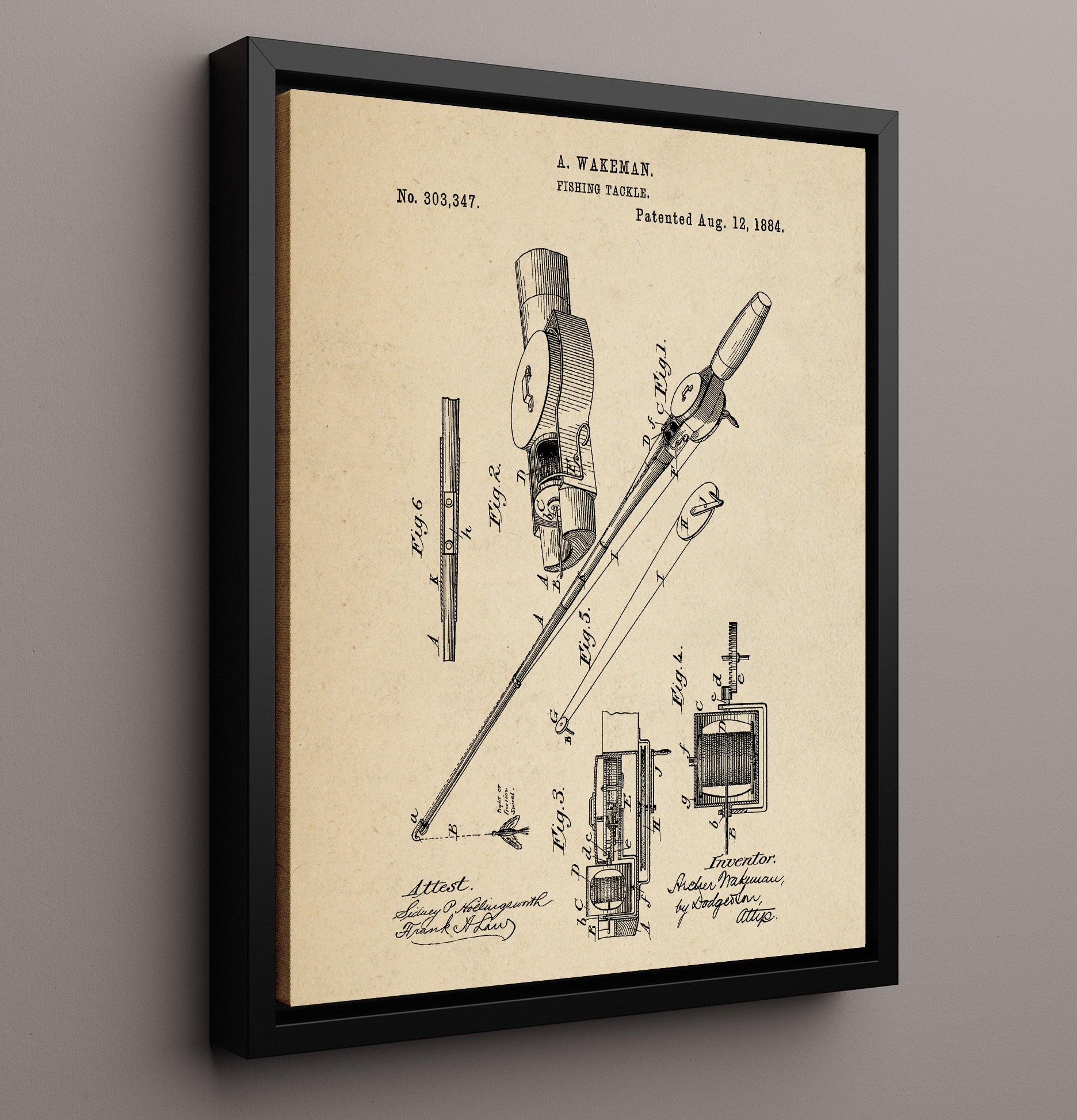 Patent Print - Fishing Tackle - A. Wakeman - 1884 - Patent 303347 Patent Wall Art