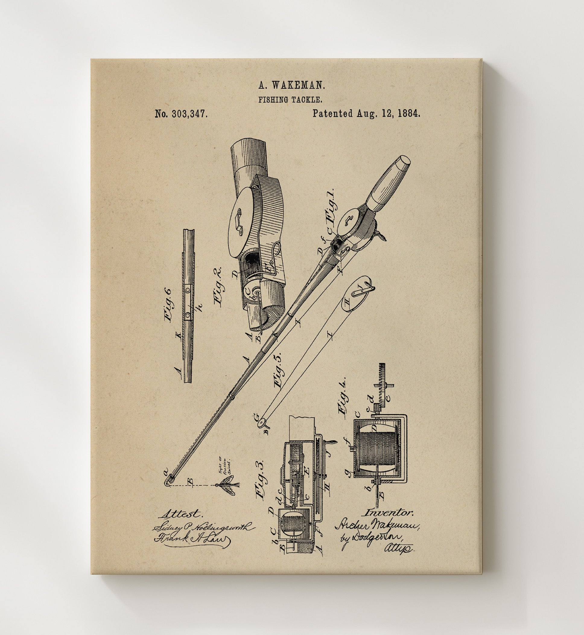 Patent Print - Fishing Tackle - A. Wakeman - 1884 - Patent 303347 Patent Wall Art