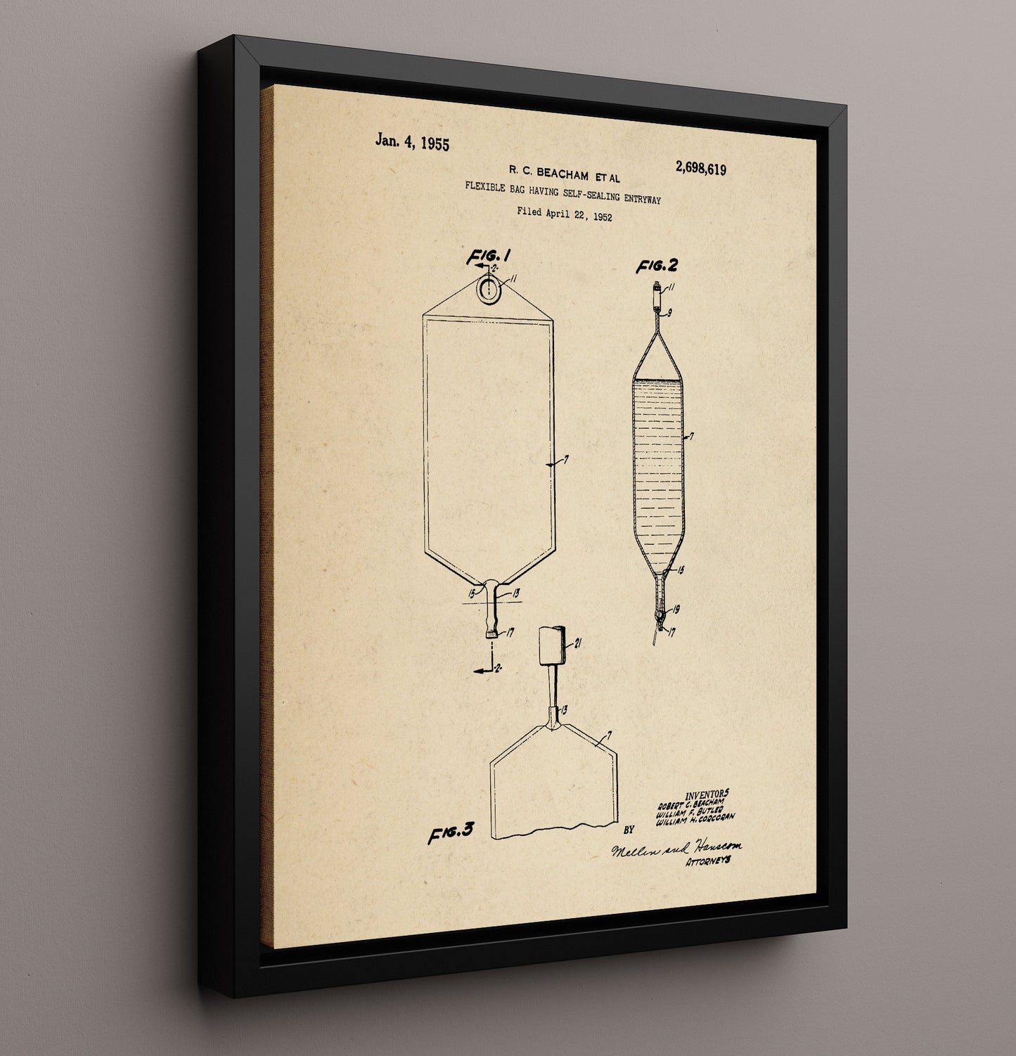 Patent Print - Flexible Bag Having Self-Sealing Entryway - Robert C. Beacham - 1955 - Patent 2698619 Patent Wall Art