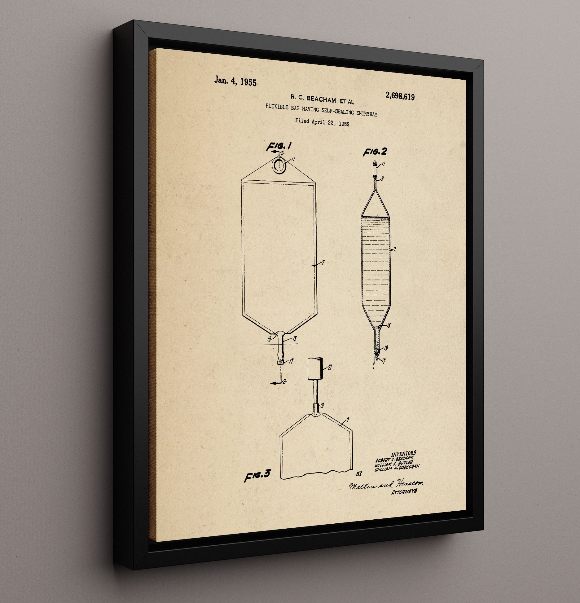 Patent Print - Flexible Bag Having Self-Sealing Entryway - Robert C. Beacham - 1955 - Patent 2698619 Patent Wall Art