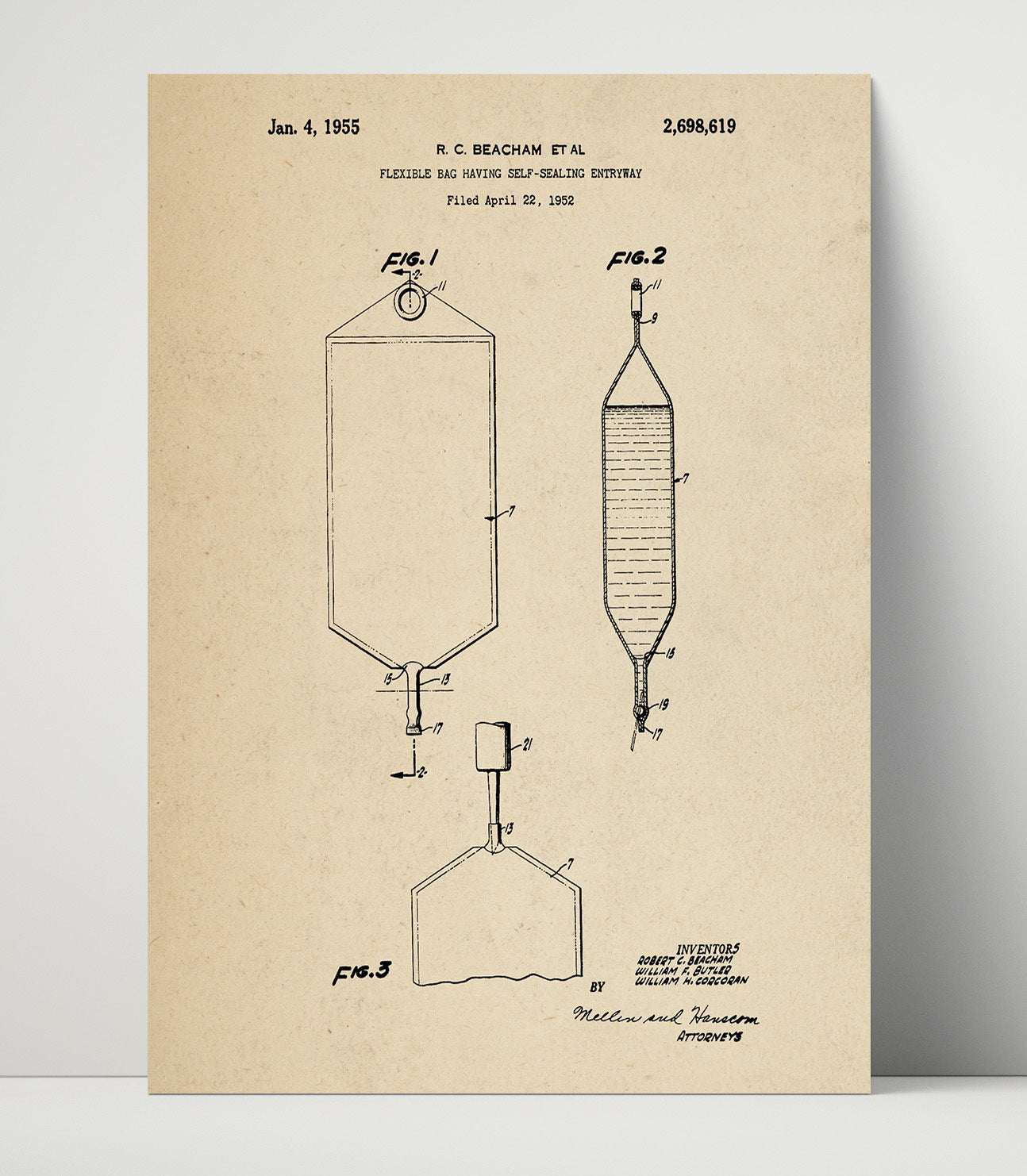 Patent Print - Flexible Bag Having Self-Sealing Entryway - Robert C. Beacham - 1955 - Patent 2698619 Patent Wall Art