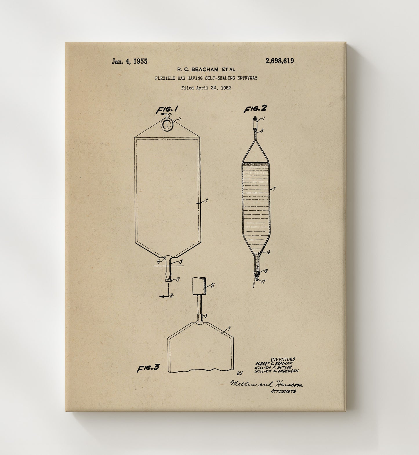 Patent Print - Flexible Bag Having Self-Sealing Entryway - Robert C. Beacham - 1955 - Patent 2698619 Patent Wall Art