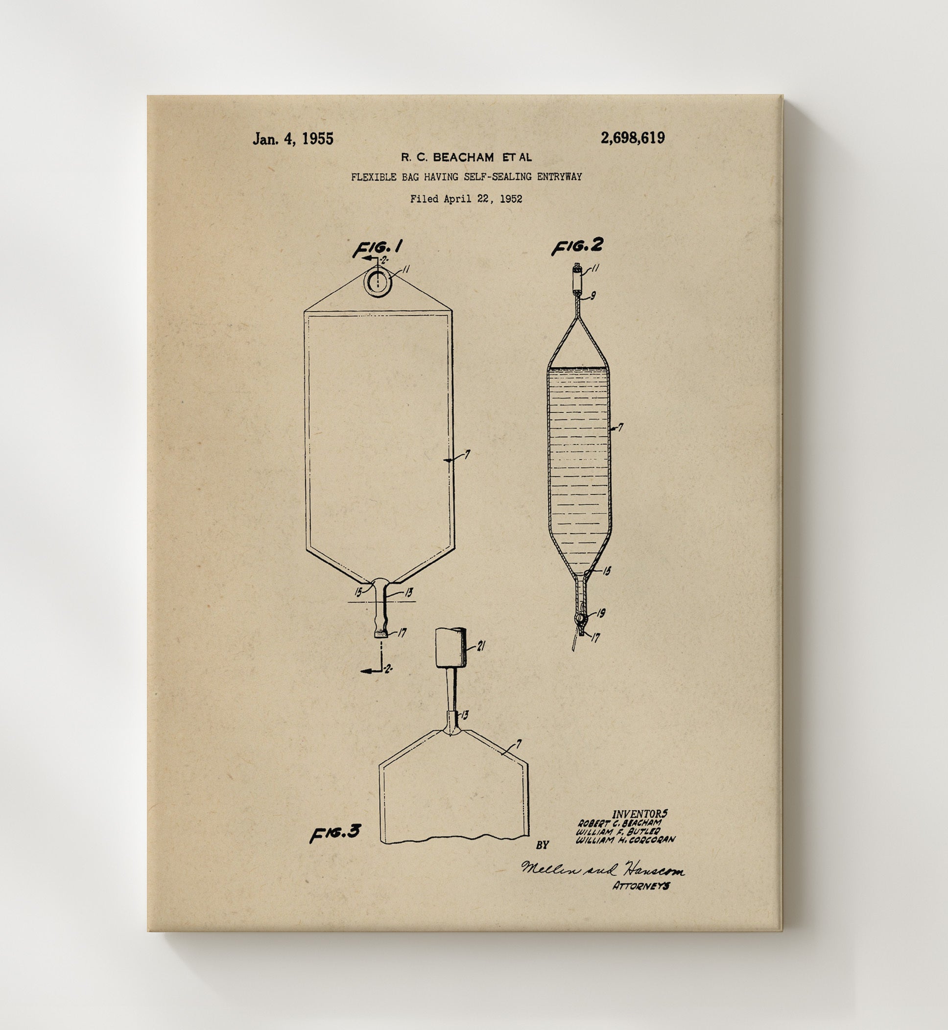 Patent Print - Flexible Bag Having Self-Sealing Entryway - Robert C. Beacham - 1955 - Patent 2698619 Patent Wall Art