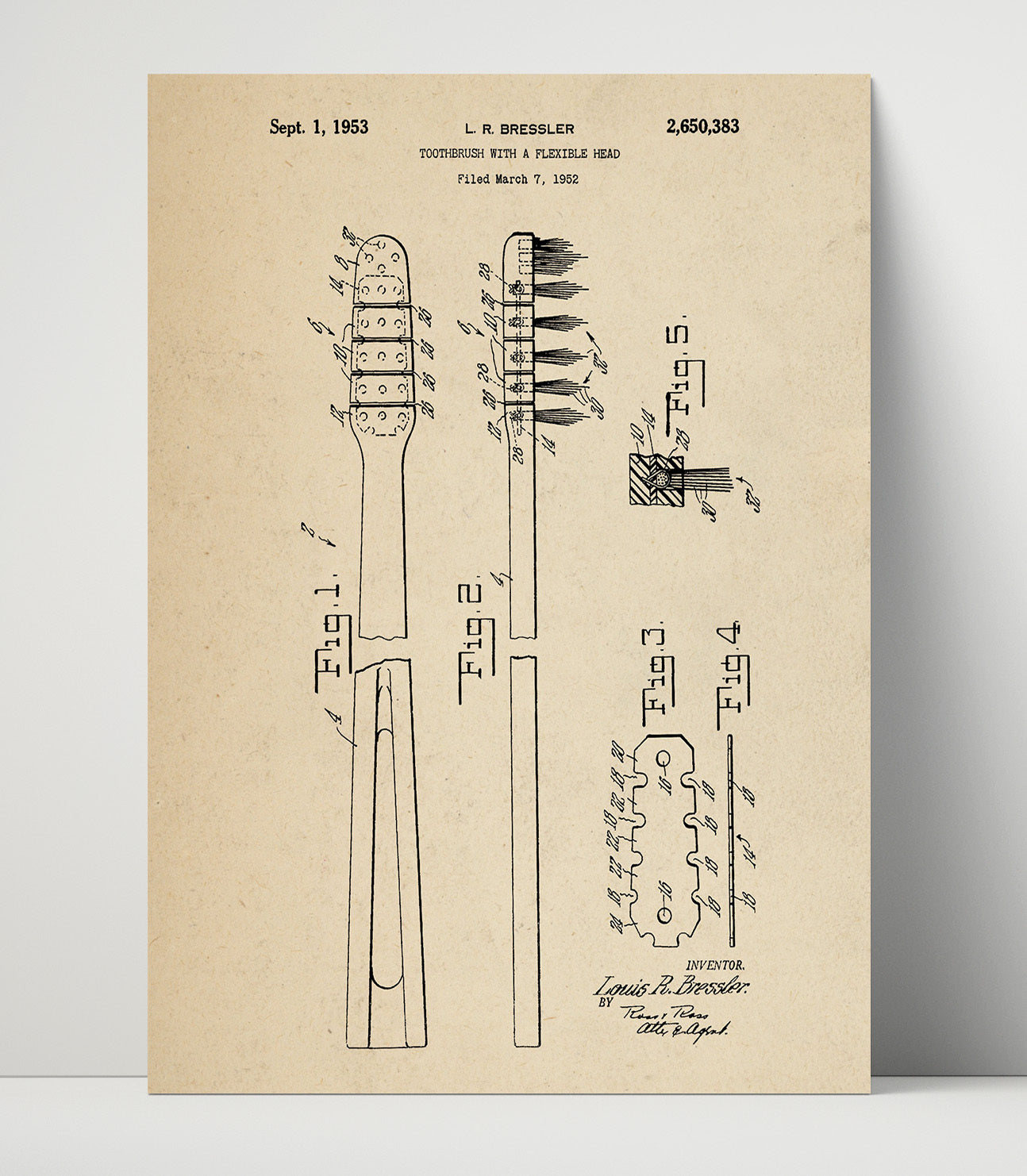 Patent Print - Flexible Head Toothbrush - Louis R. Bressler - 1953 - Patent 2650383 Patent Wall Art