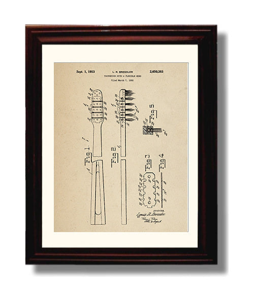 Patent Print - Flexible Head Toothbrush - Louis R. Bressler - 1953 - Patent 2650383 Patent Wall Art